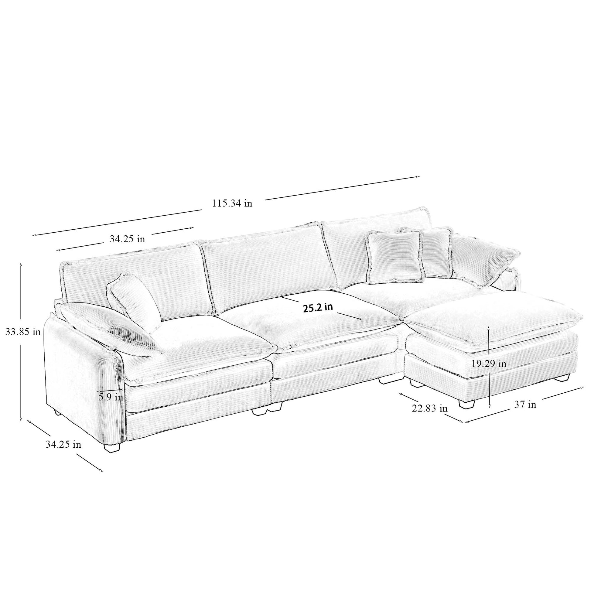 Oversize 3 Seater Sofa With One Footrest, L Shaped Sectional Sofa With Ottoman For Living Rooms,Tan Corduroy Sofa Tan Corduroy 3 Seat