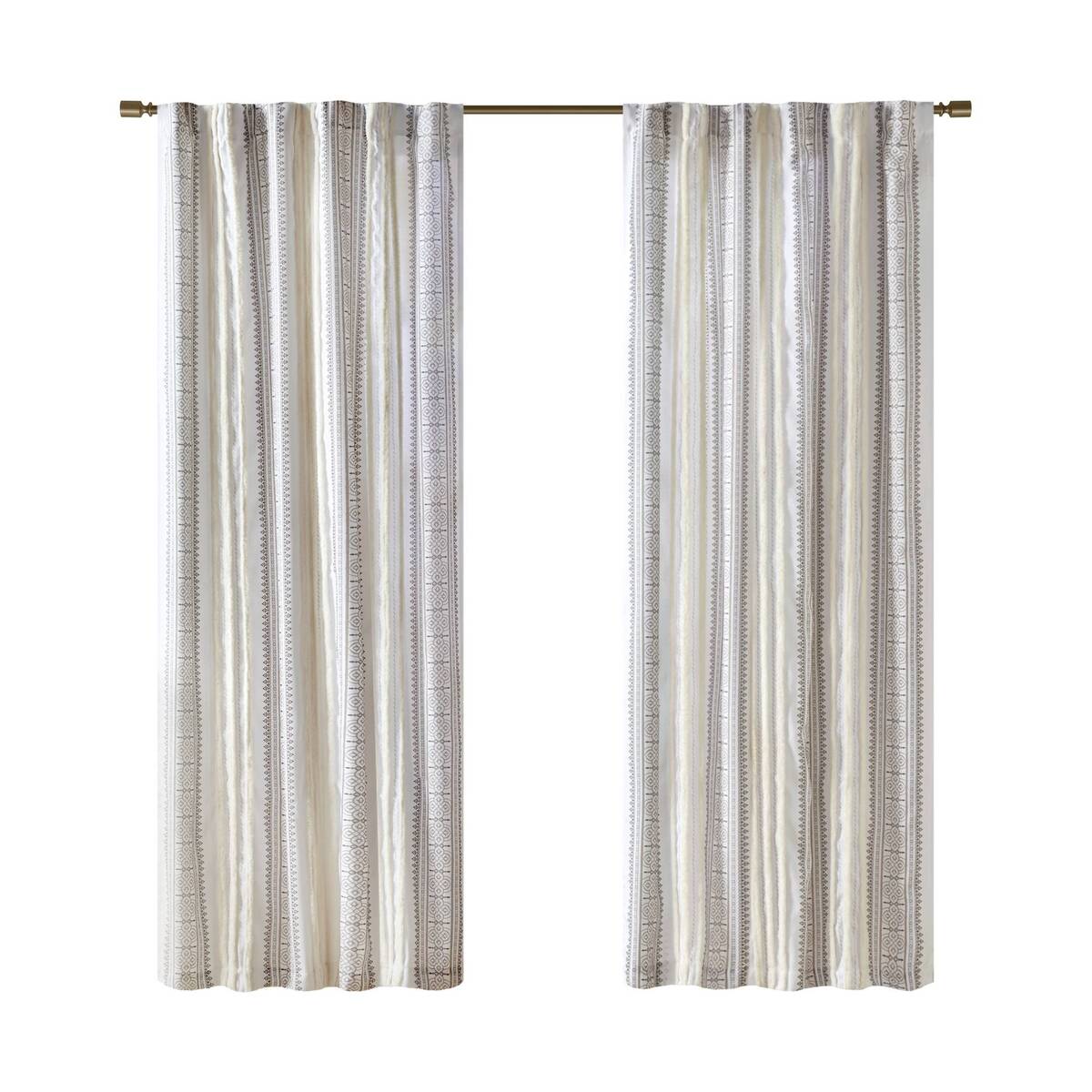Poly Printed Curtain Panel With Tufted Stripe And Lining White Brown 50X84" Multicolor Polyester