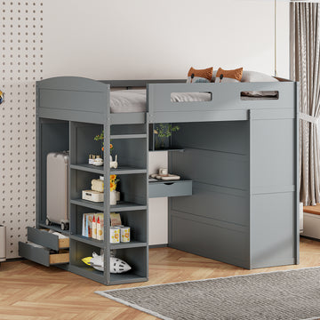 Full Size Loft Bed With Desk, Wardrobes, 4 Drawers And 4 Shelves Gray Full Gray Solid Wood