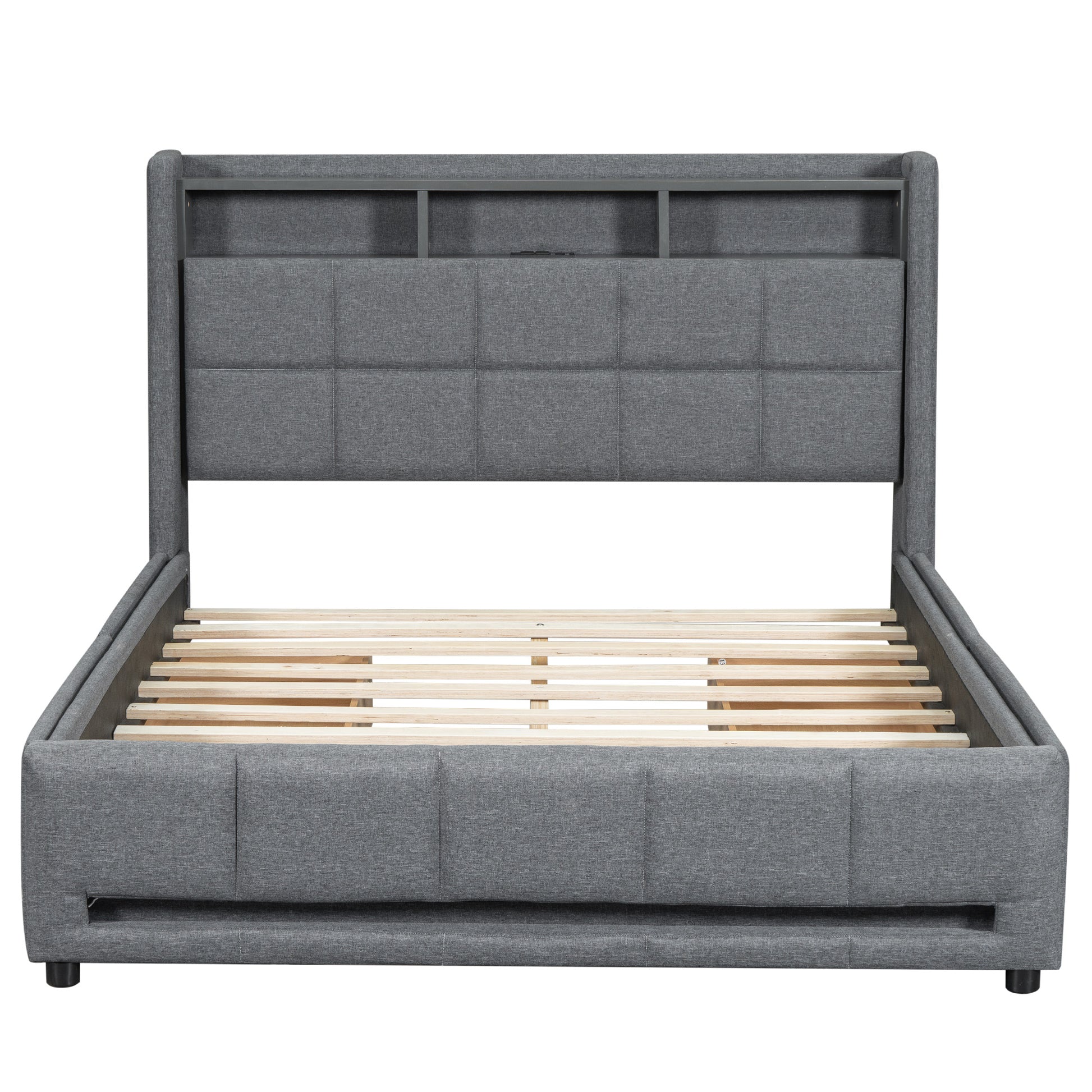 Full Size Upholstered Platform Bed With Storage Headboard, Led, Usb Charging And 4 Drawers, Gray Full Box Spring Not Required Gray Wood Linen Upholstered