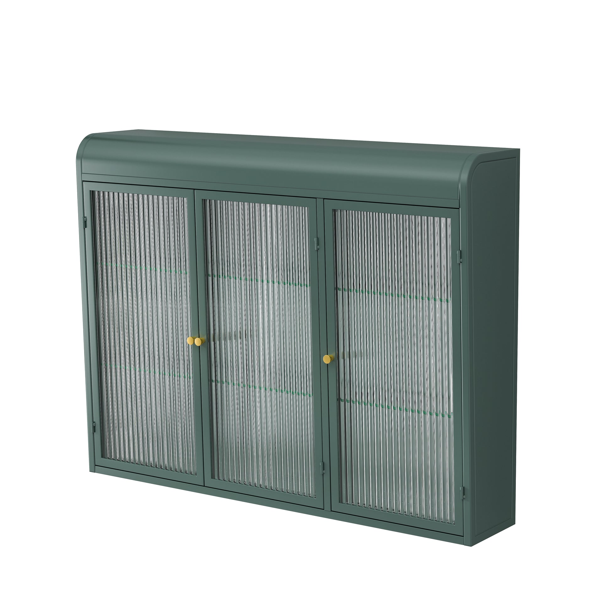3 Door Arched Wall Mounted Glass Cabinets For Kitchen, Living Room And Bathroom Dark Green Dark Green Glass Metal