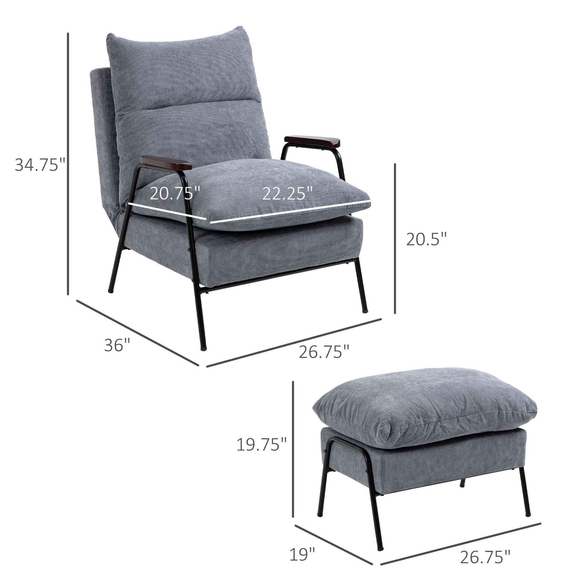 Homcom Accent Chair With Ottoman, Reclining Comfy Chair With Adjustable Backrest, Steel Frame And Pillow For Living Room, Bedroom, Light Gray Light Gray Polyester