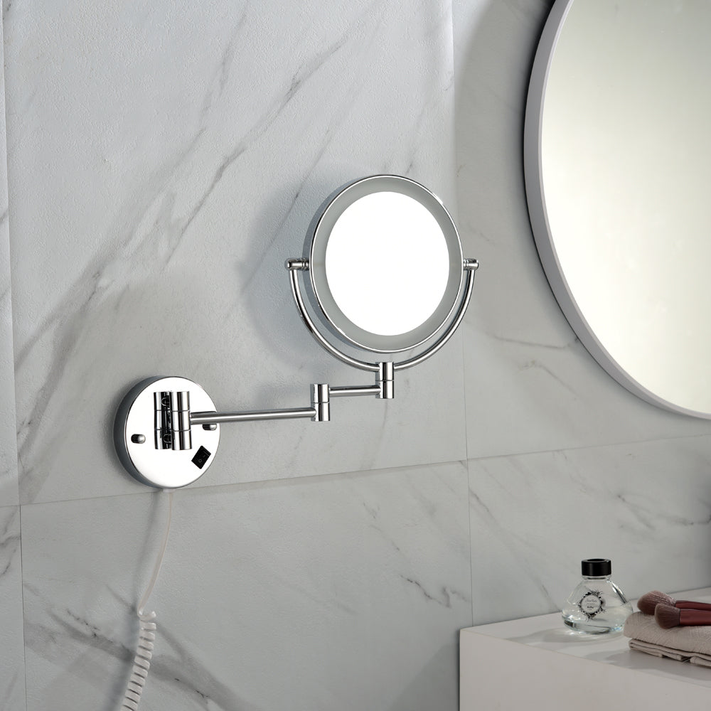 8 Inch Led Wall Mount Two Sided Magnifying Makeup Vanity Mirror 12 Inch Extension Chrome Finish 1X 3X Magnification Plug 360 Degree Rotation Waterproof Button Shaving Mirror Chrome Stainless Steel