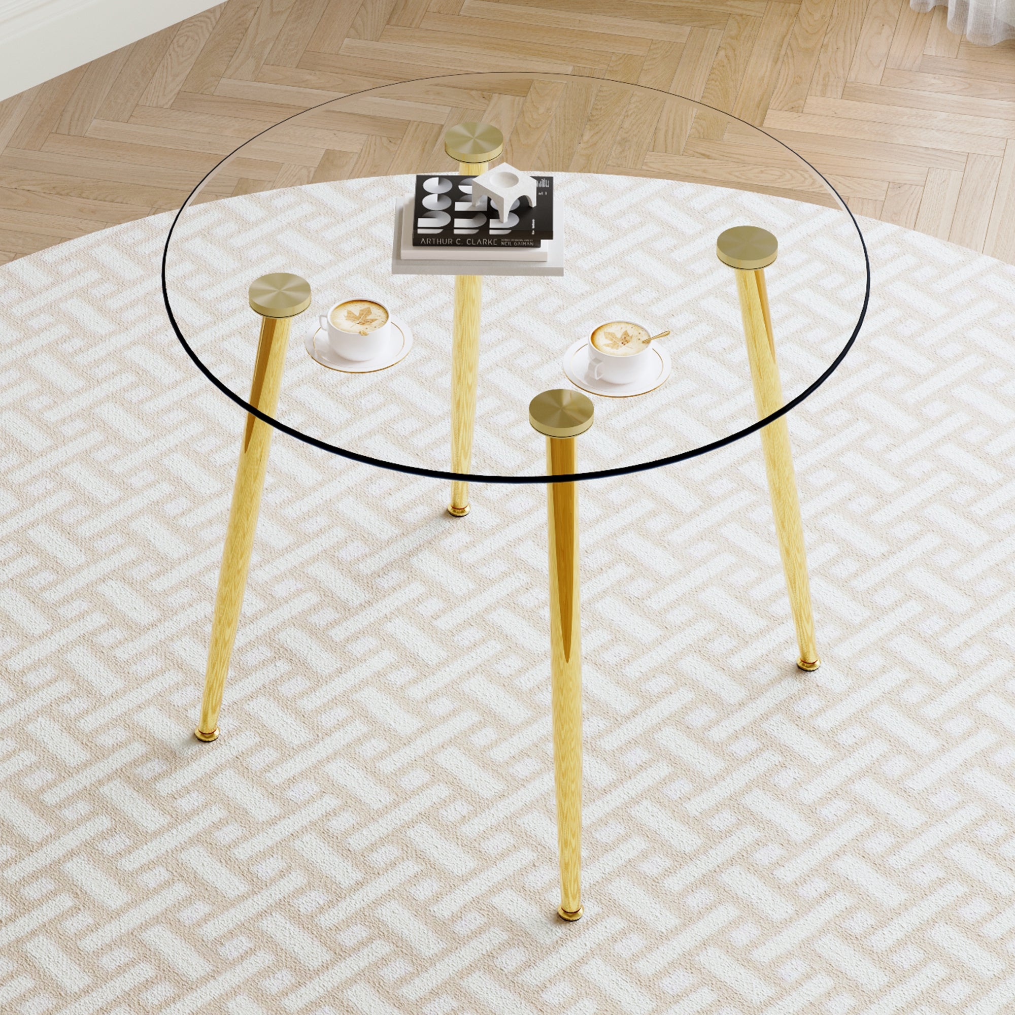 Round Dining Table With Glass Top, Gilded Metal Legs, Exquisite Living, Starting From The Details, The Gold Legs Show An Extraordinary Texture, Which Is The Finishing Touch To Your Home. Transparent Glass Metal