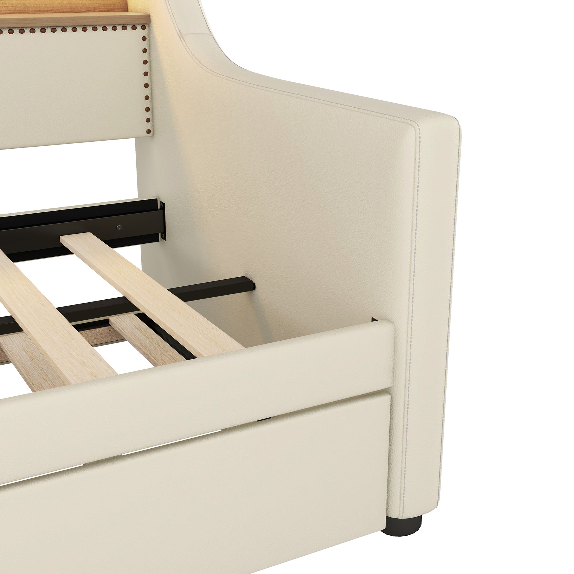 Twin Size Daybed With Trundle, Upholstered Daybed With Charging Station And Led Lights, Beige Twin Beige Pu Leather