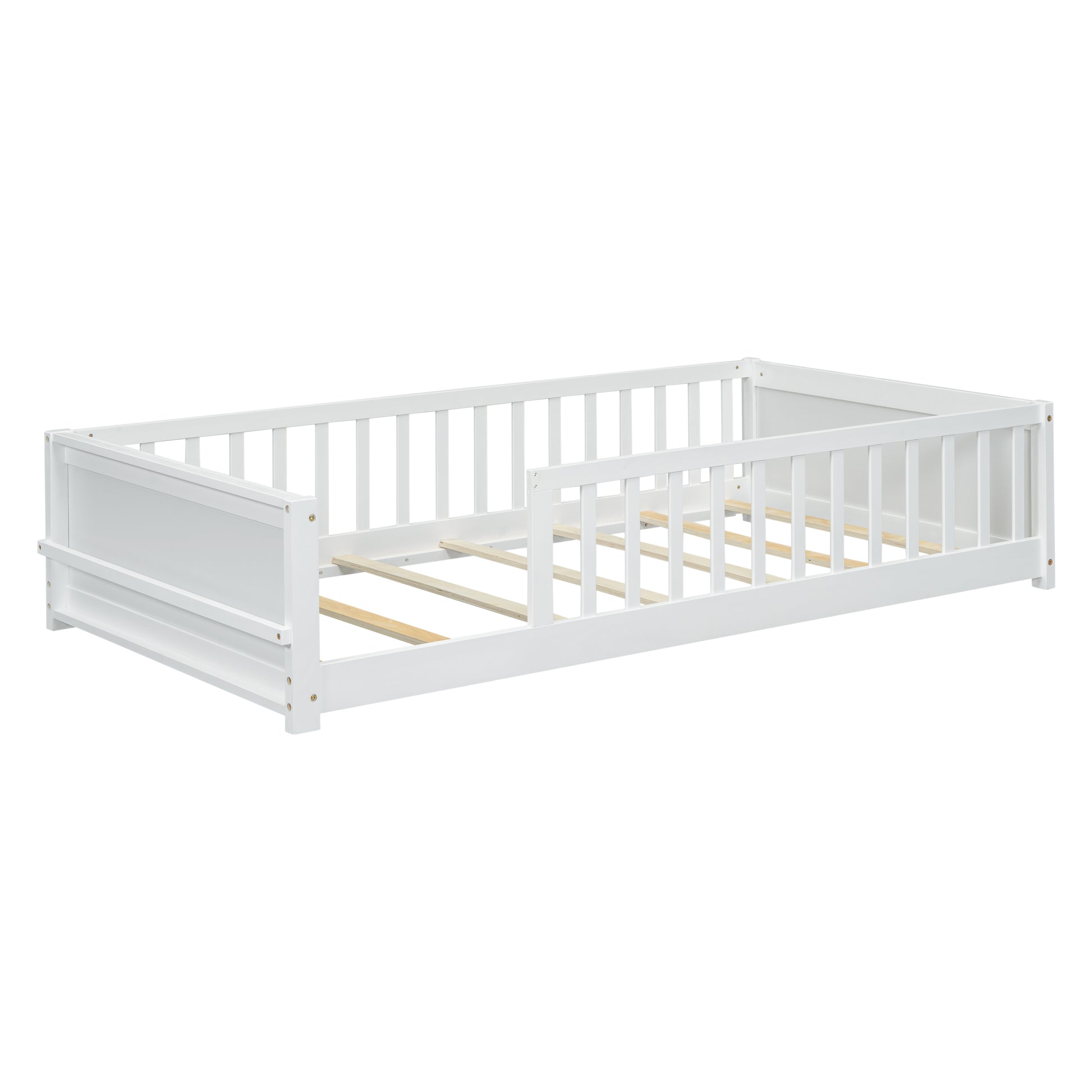 Twin Size Floor Platform Bed With Built In Book Storage Rack,White Twin White American Design Pine