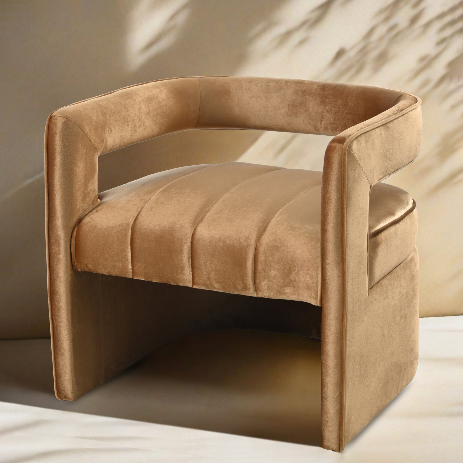 Modern Velvet Accent Chair With Ribbed Detail, Luxury Curved Fully Upholstered Accent Chair, Brown No Assembly Needed Brown Velvet
