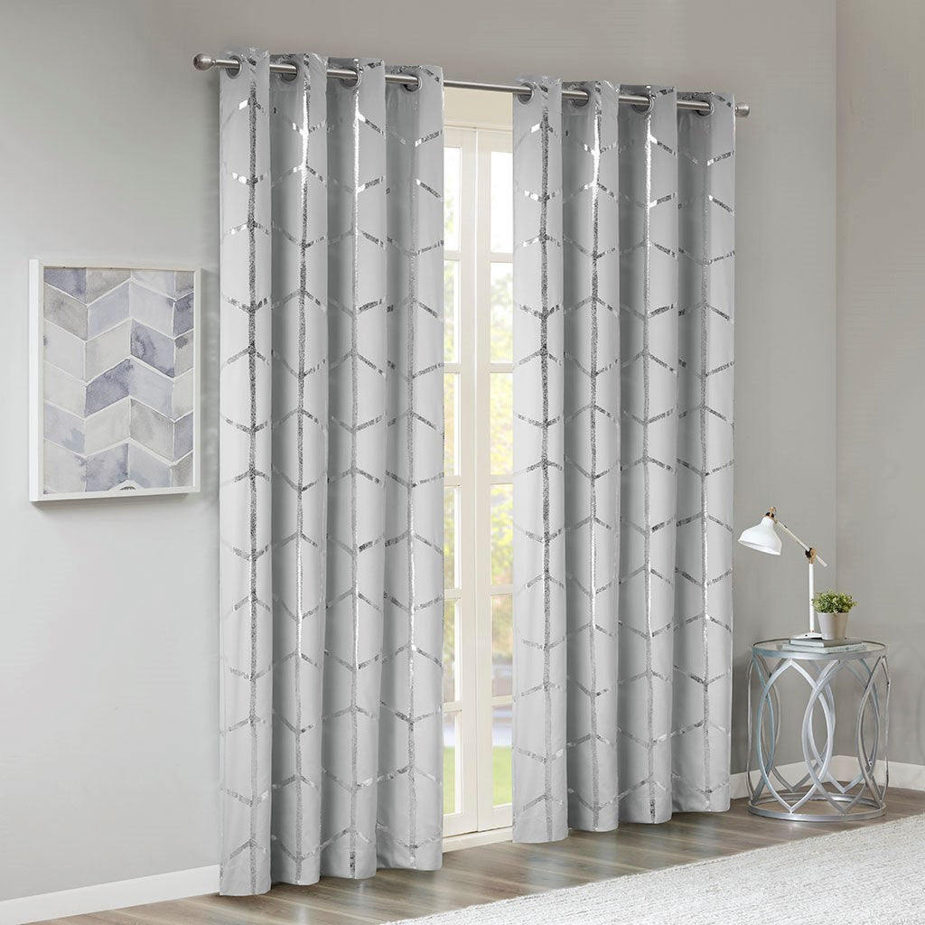 Total Blackout Metallic Print Grommet Top Curtain Panel Only 1 Pc Panel Grey Silver Microfiber