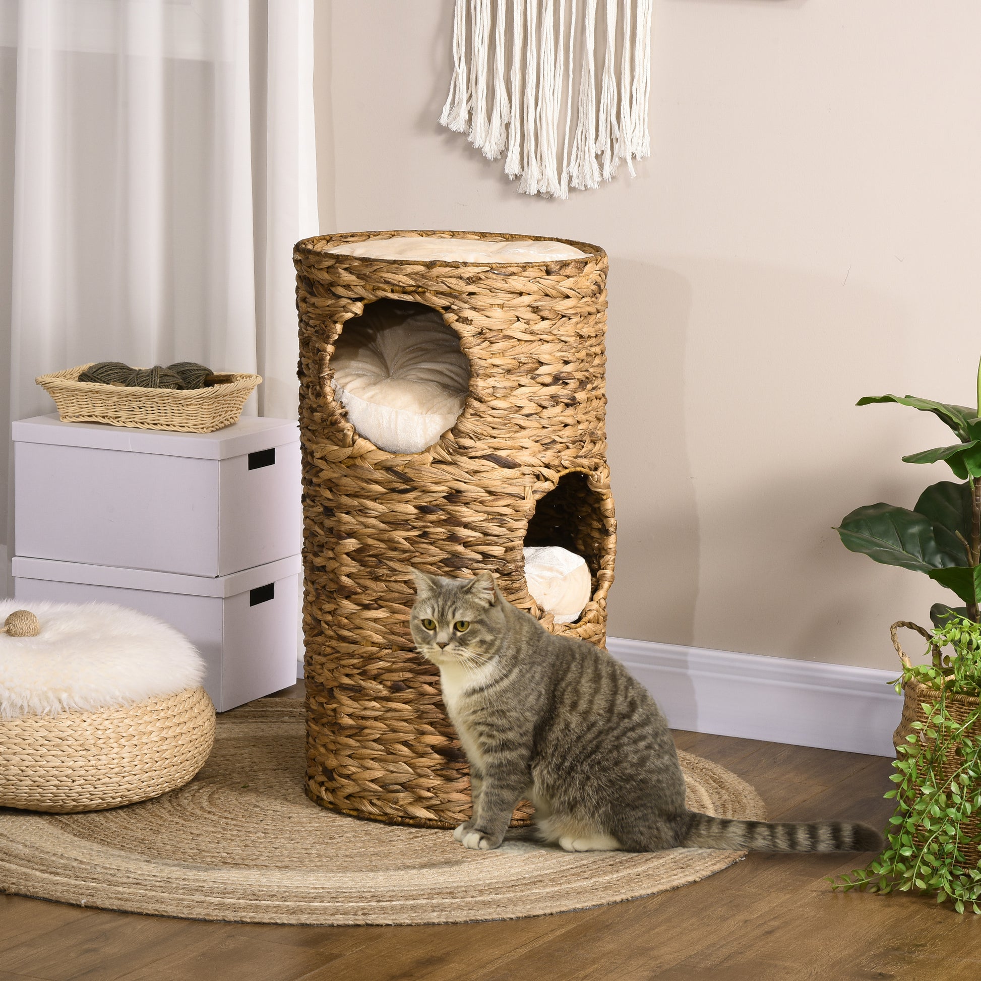 Pawhut Elevated Cat Bed With Three Hideaways & Four Soft Plush Cushions, Cat Tower With Hand Woven Materials, Multi Layer Raised Kitten Bed Caves Brown Steel