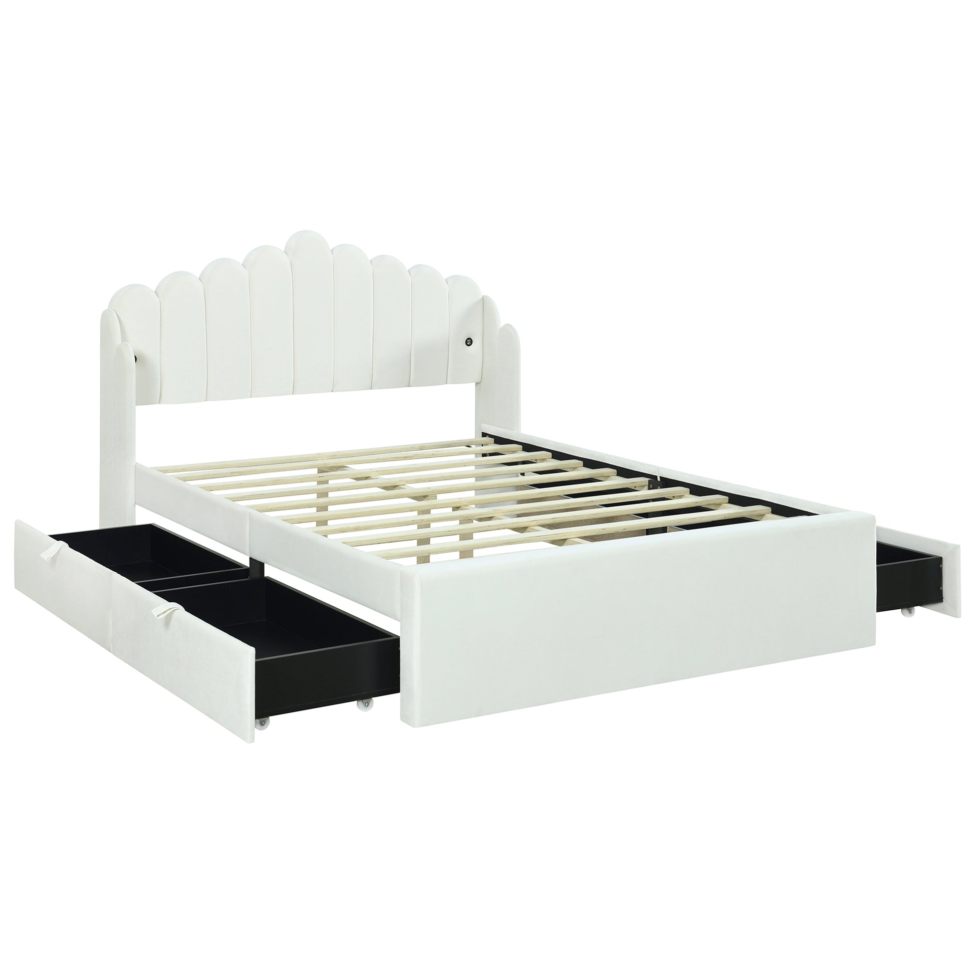 Full Size Upholstered Platform Bed With 4 Drawers And 2 Usb, Beige Box Spring Not Required Full Beige Wood Bedroom Bed Frame Polyester Upholstered