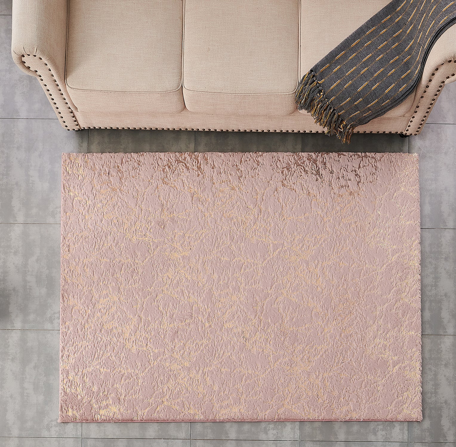 Luxury Machine Washable Dust Pink Abstract Gold Gilded Chinchilla Faux Fur Area Rug Dusty Rose Polyester