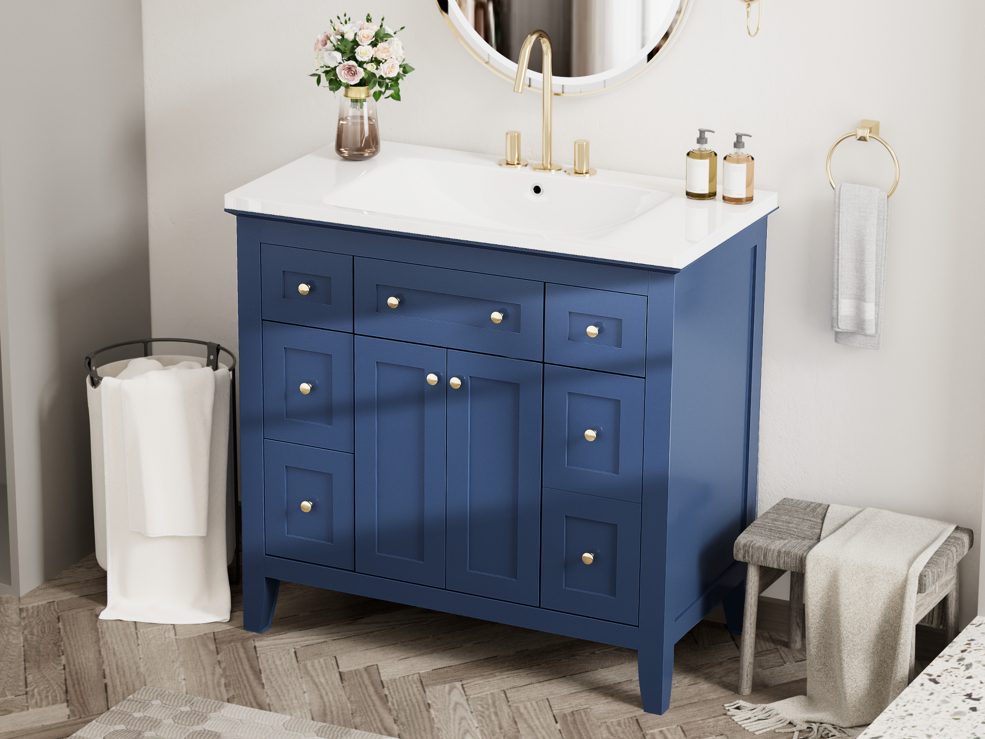 36'' Bathroon Vanity With Resin Sink Combo Set, Modern Freestanding Single Bathroom Cabinet With 6 Drawers & 2 Cabinets, Storage Cabinet For Bathroom, Solid Wood Frame Vanity Set, Blue 4 Blue 2 2 Bathroom Freestanding Solid Wood Mdf Resin Painted