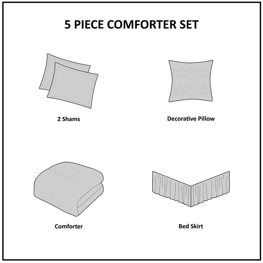 5 Piece Microfiber Ruffled Comforter Set White Queen Queen White Polyester