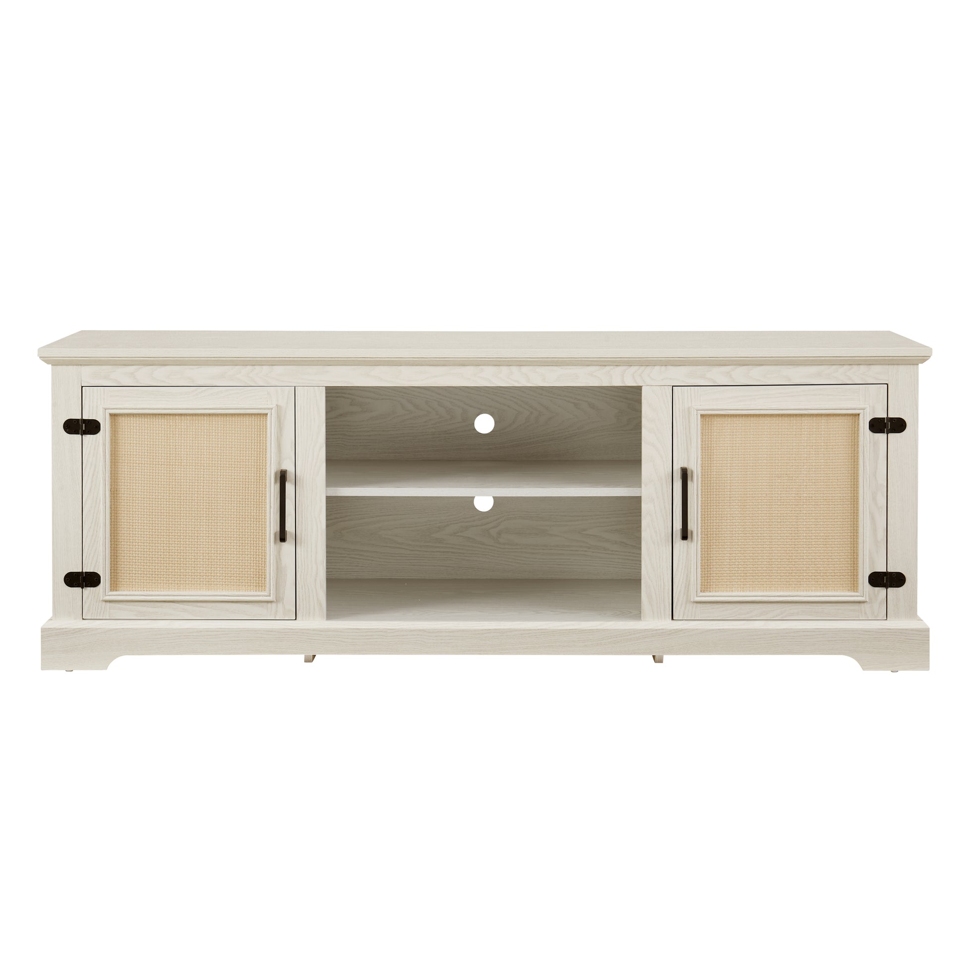 Farmhouse Rattan Tv Stand Console Table For Tvs Up To 70 Inches, Tv Console Table With 2 Storage Shelves, 2 Natural Rattan Door Cabinets,65"W*15.55"D*23.86"H, White Antique White 70 79 Inches Mdf