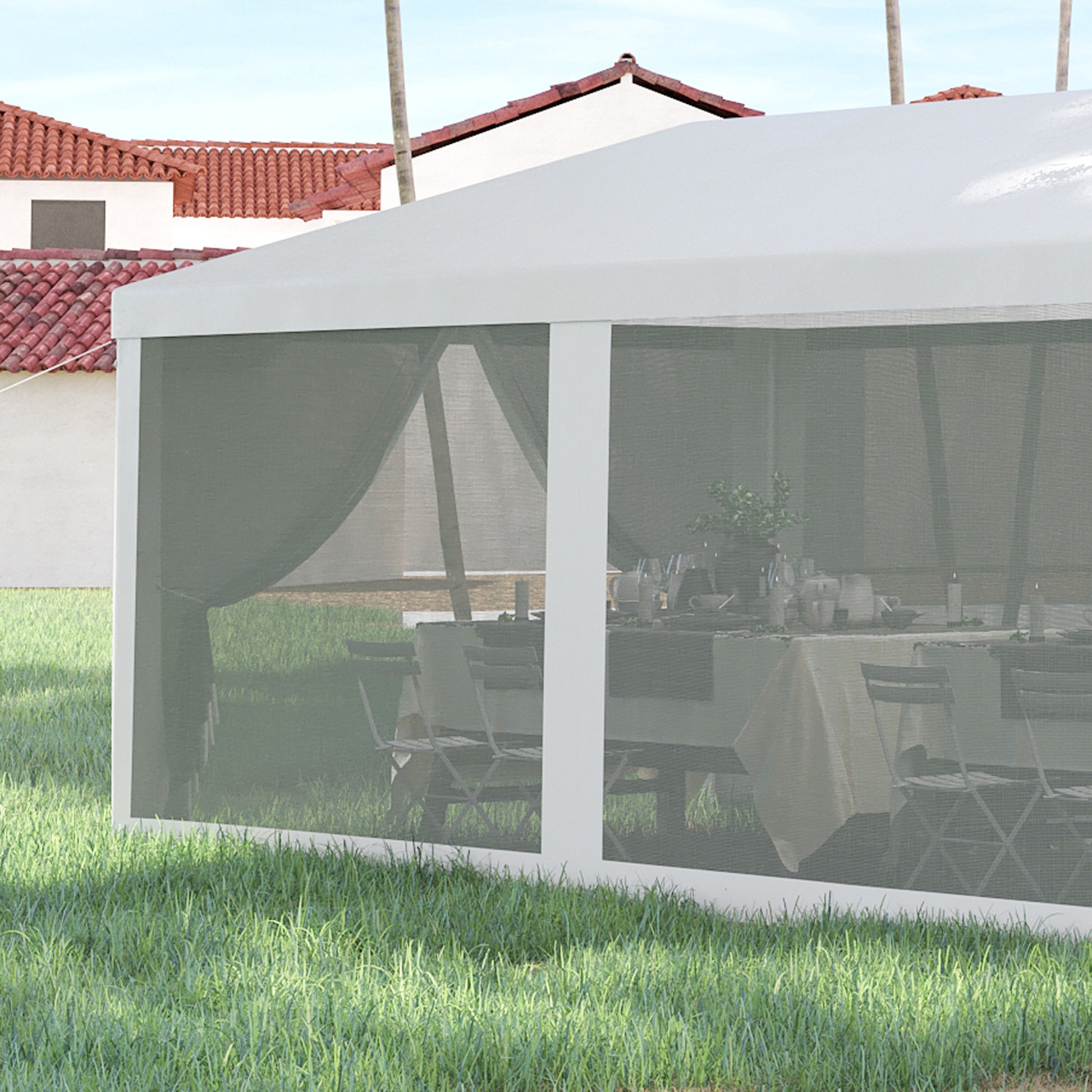 Outsunny 10' X 28' Party Tent Canopy, Outdoor Event Shelter Gazebo With 8 Removable Mesh Sidewalls, Zipper Doors, Steel Frame, White White Metal