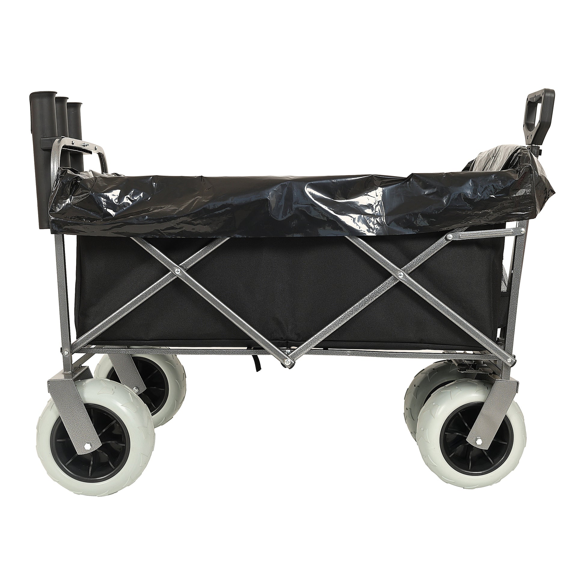 Fishing Cart With Rod Holders ,Beach Wagon With Big Wheels For Sand 500Lbs Capacity All Terrain Steel Frame Utility Cart With 9" Pneumatic Tires,Strap With Multiuse Bag ,Black Black Steel