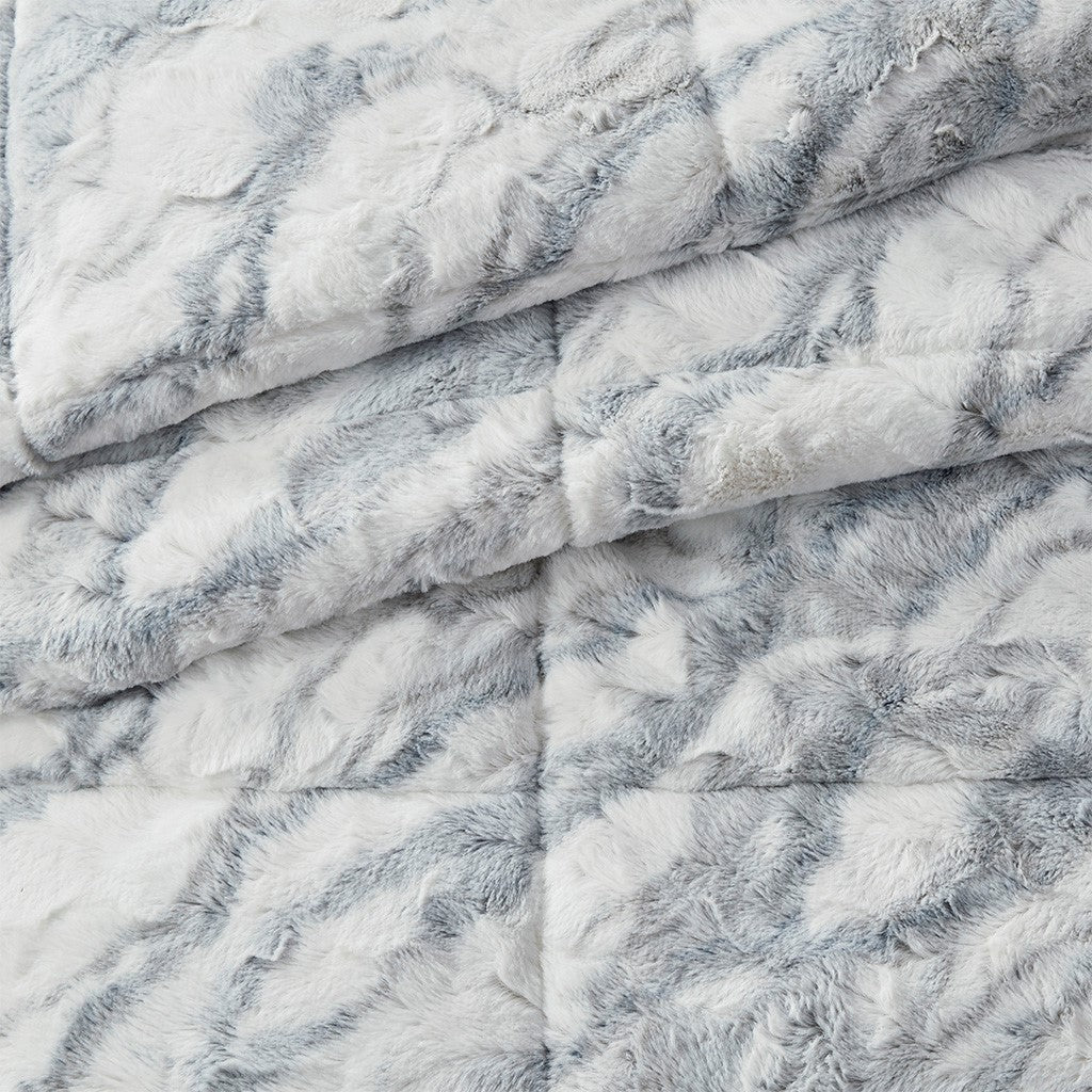 Marble Faux Fur Comforter Set Queen Grey Blue Marble