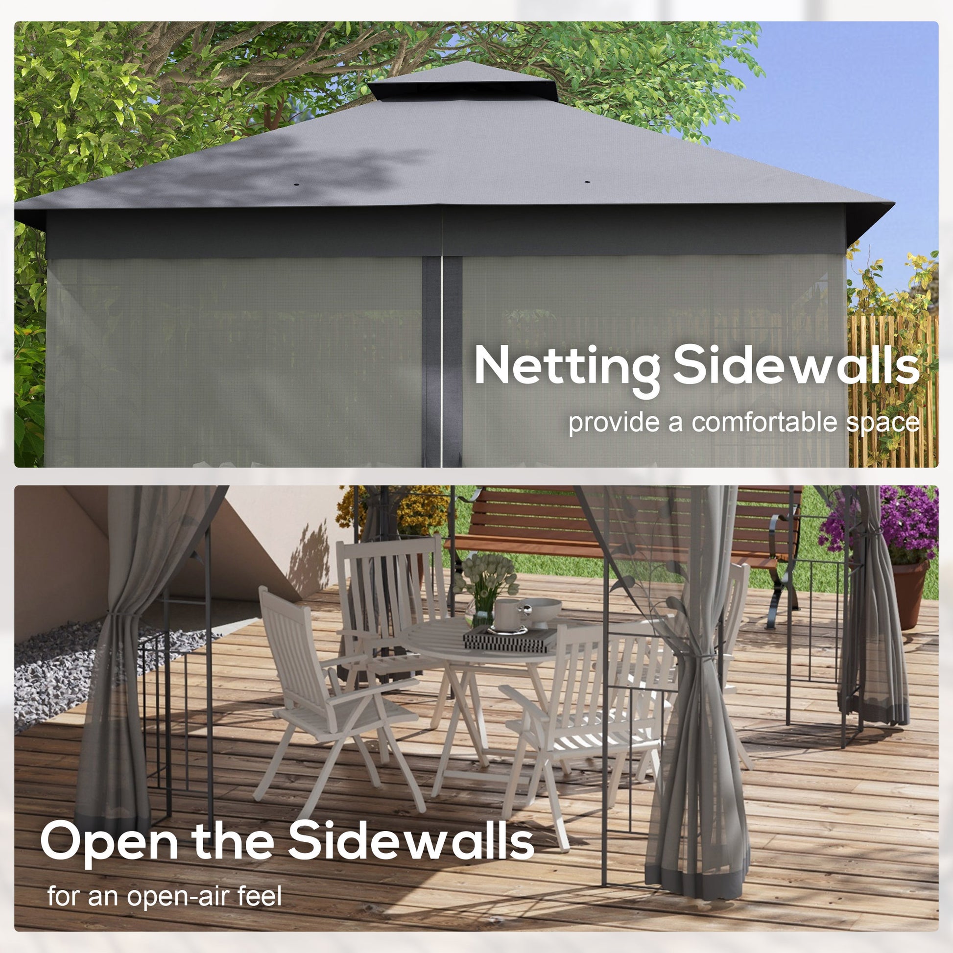 Outsunny 10' X 11.5' Metal Patio Gazebo, Double Roof Outdoor Gazebo Canopy Shelter With Tree Motifs Corner Frame And Netting, For Garden, Lawn, Backyard, And Deck, Gray Gray Polyester