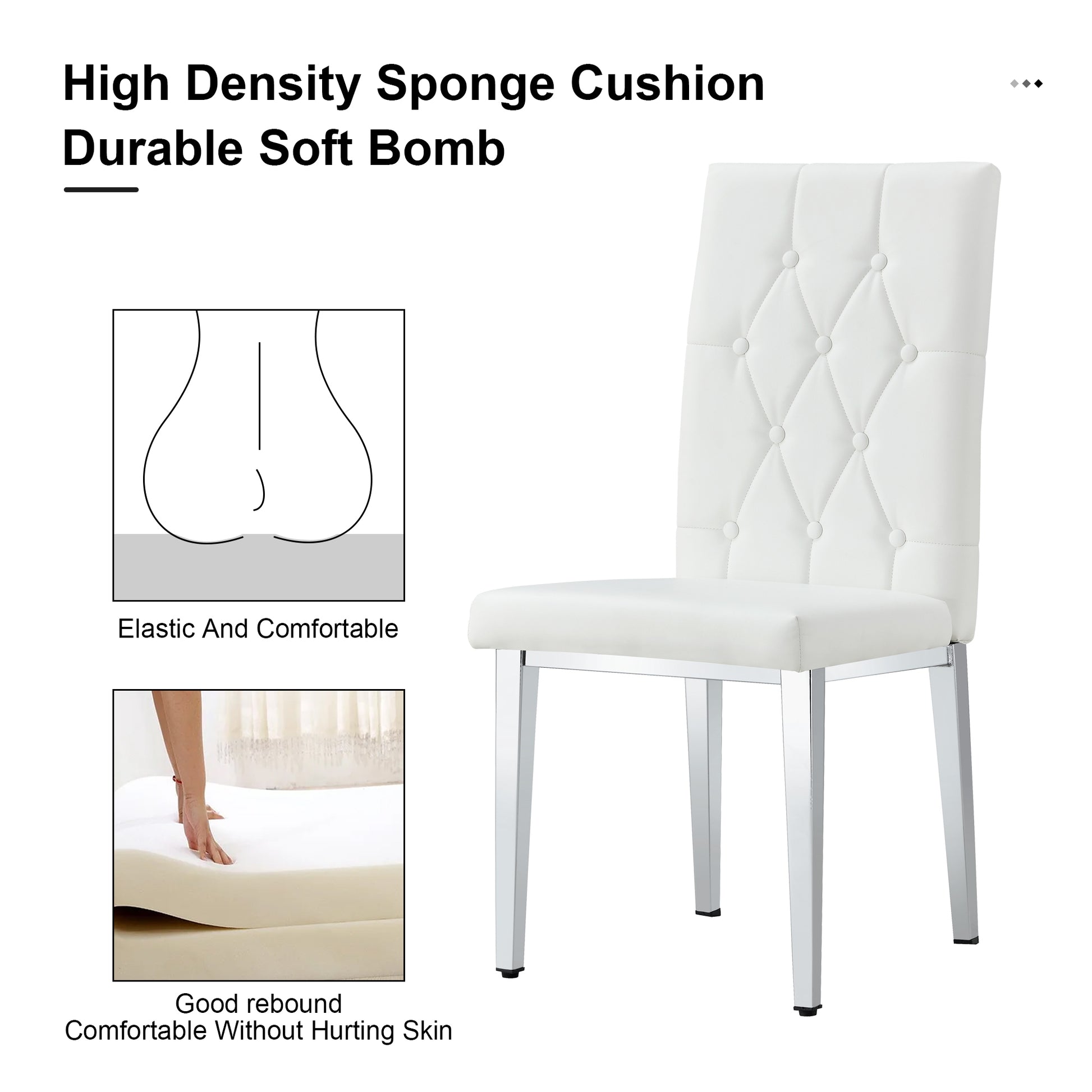 2 Piece Dining Chair Set, Modern Style Kitchen Soft Cushion High Backrest, With Embedded Buttons, Metal Leg Office Chair, Suitable For Restaurants, Offices, And Restaurants. White Pu