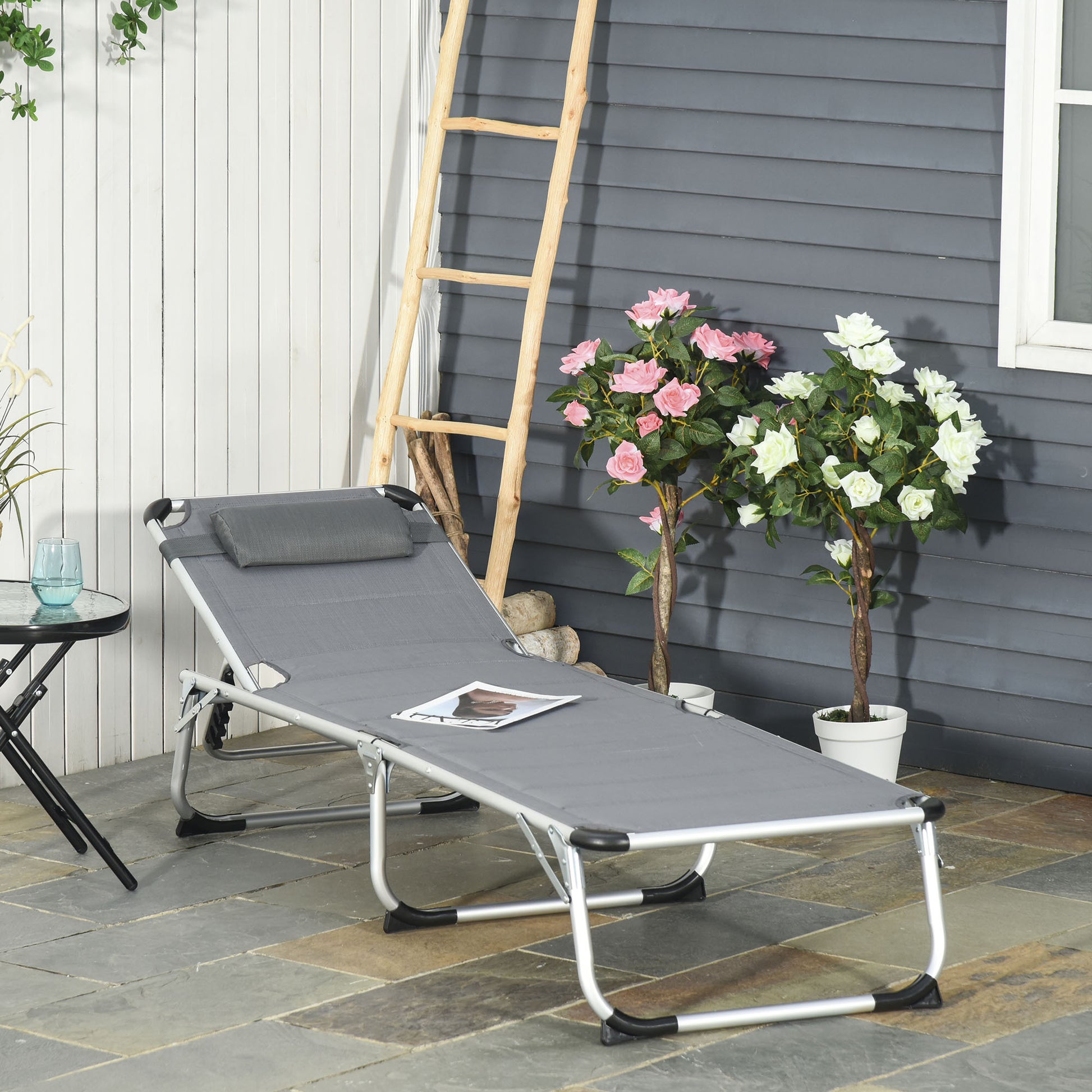 Outsunny Foldable Outdoor Chaise Lounge Chair, 5 Level Reclining Camping Tanning Chair With Aluminum Frame, Padding, And Headrest For Beach, Yard, Patio, Pool, Gray Gray Aluminium