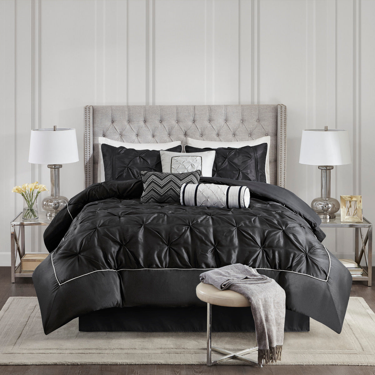7 Piece Tufted Comforter Set Black Queen Queen Black Polyester