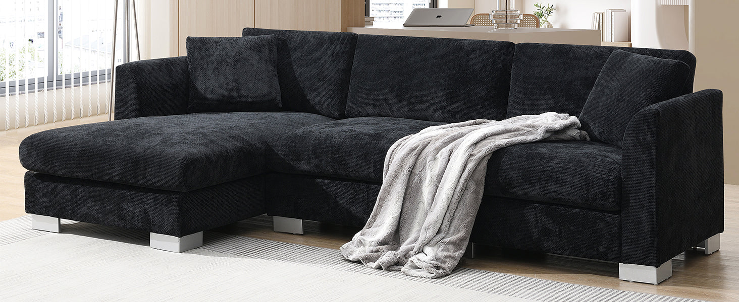 96*56" Modern Cloud Sectional Sofa,L Shaped Luxury Couch Set With 2 Free Pillows,4 Seat Chenille Indoor Furniture With Oversized Chaise For Living Room,Apartment,Office,3 Colors Black Chenille 4