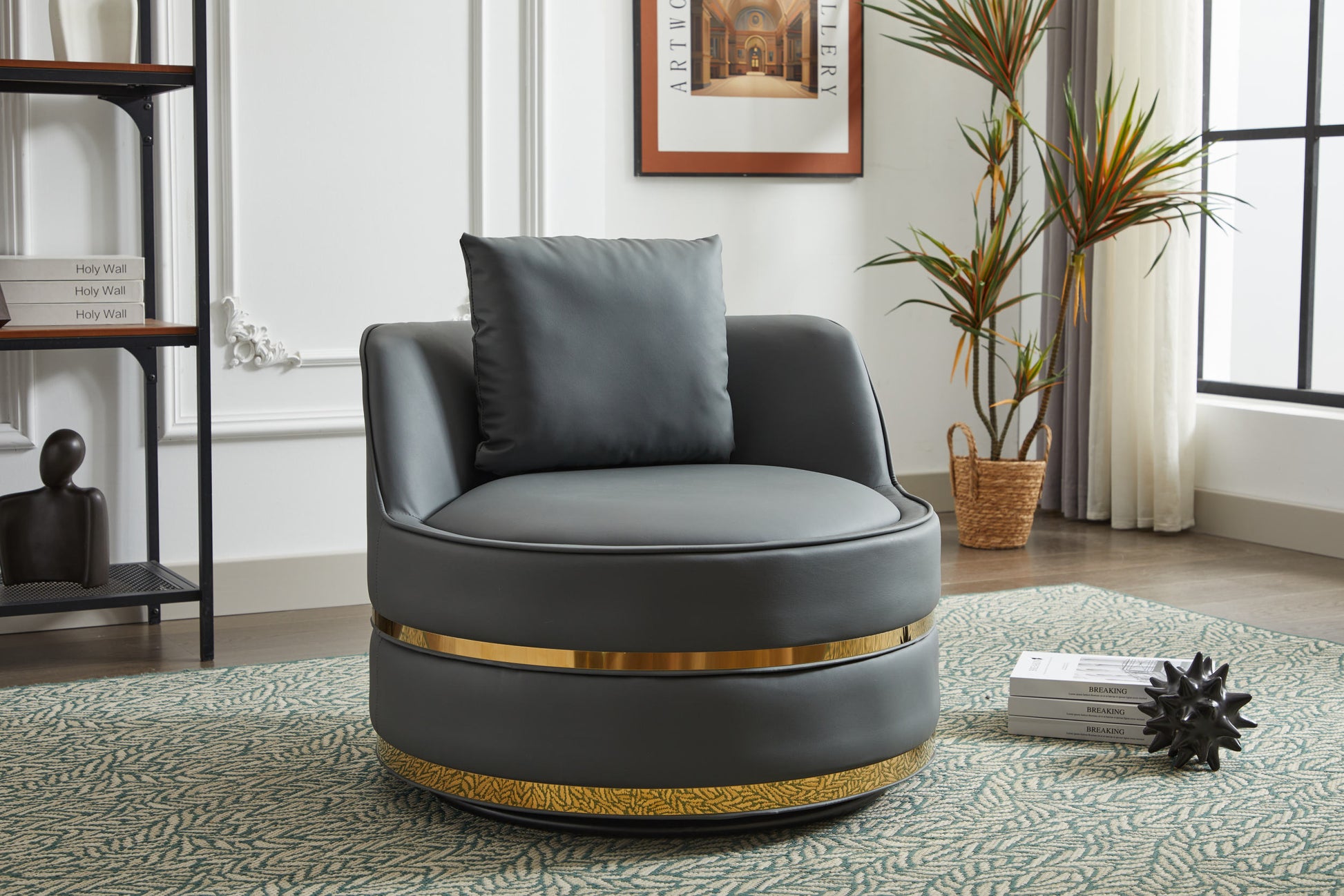 Swivel Chair, 360 Swivel Accent Chair, Barrel Chair For Living Room Bedroom Dark Grey Faux Leather
