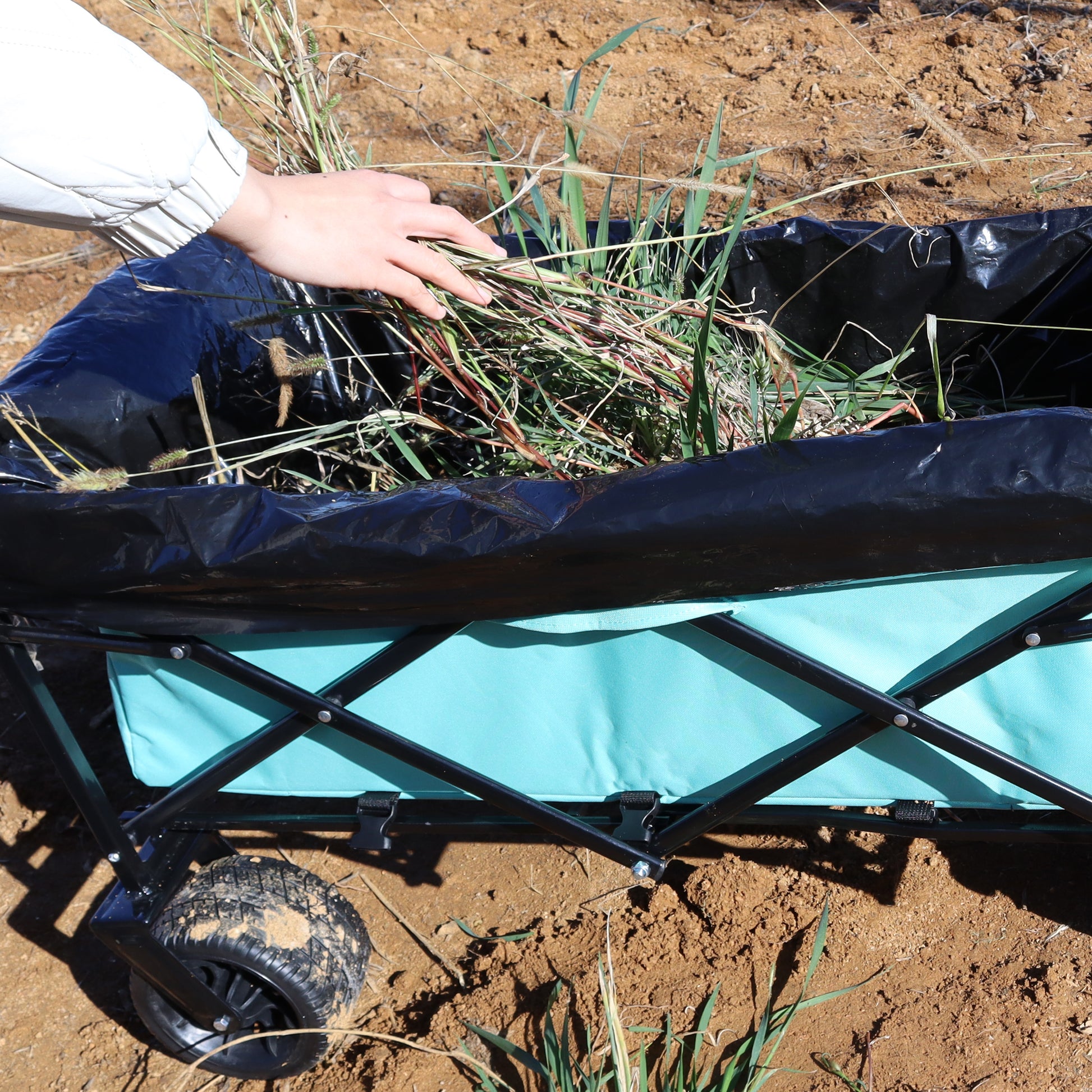 440Lbs Collapsible Foldable Wagon Cart With Strapping System ,Beach Wagon Utility Cart Utility Wagon Grocery Cart For Camping Shopping Sports Gardening Fishing Supports 3Pcs Plastic Liner Bag Blue