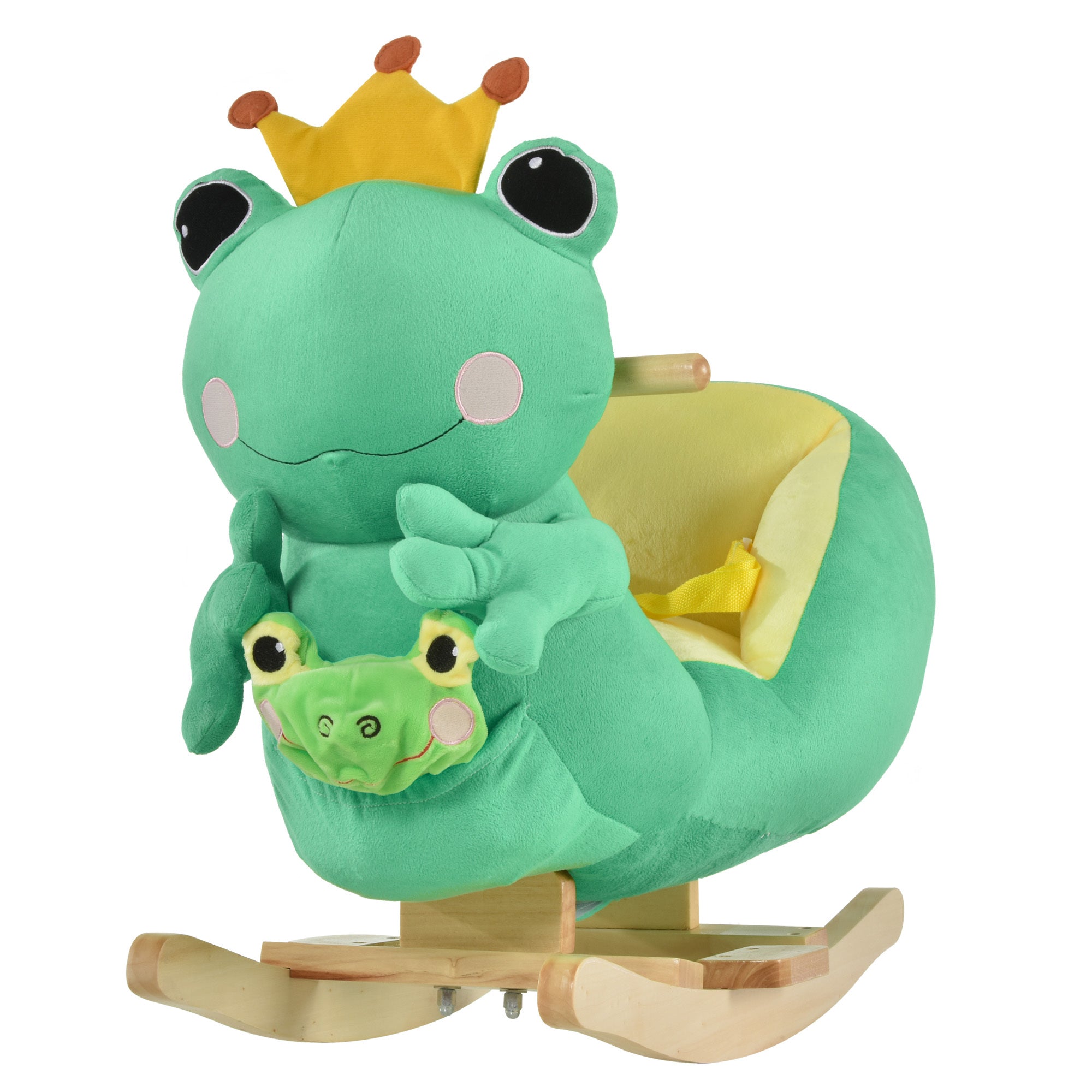 Qaba Kids Ride On Rocking Horse Toy Frog Style Rocker With Fun Music, Seat Belt & Soft Plush Fabric Hand Puppet For Children 18 36 Months Green Plush