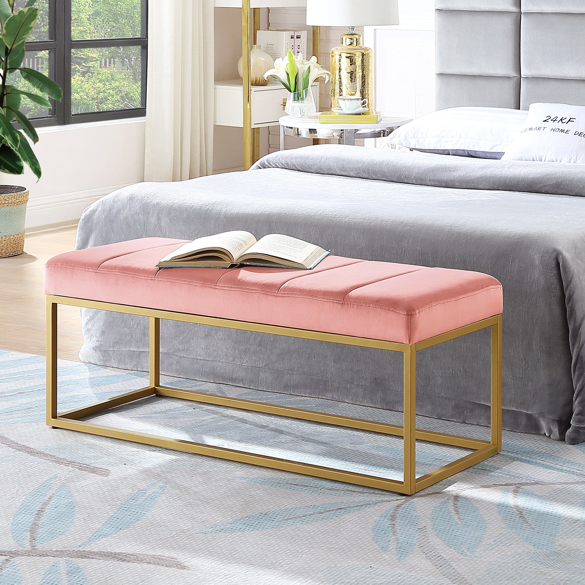 Modern Tufted Channel Entryway Bench Emerald Velvet Upholstered End Of Bed Bench With Metal Frame,Footboard Bench For Living Room, Bedroom Blush Foam Velvet