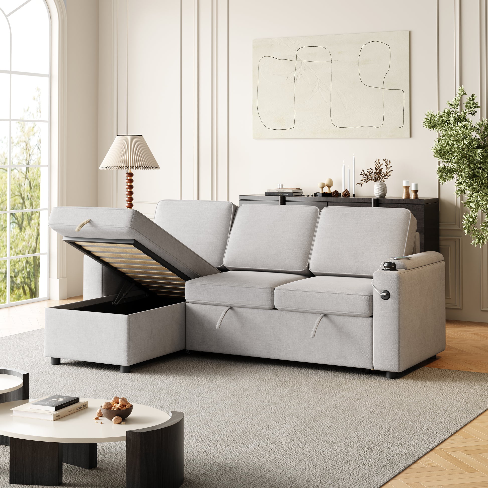 Mh85.8" Sleeper Sofa, Sofa Bed 2 In 1 Pull Out Sofa Bed With Storage Sofa, Sofa Sleeper With Pull Out Bed With Charging Port Light Grey Polyester Primary Living Space Eucalyptus Polyester Fabric 3