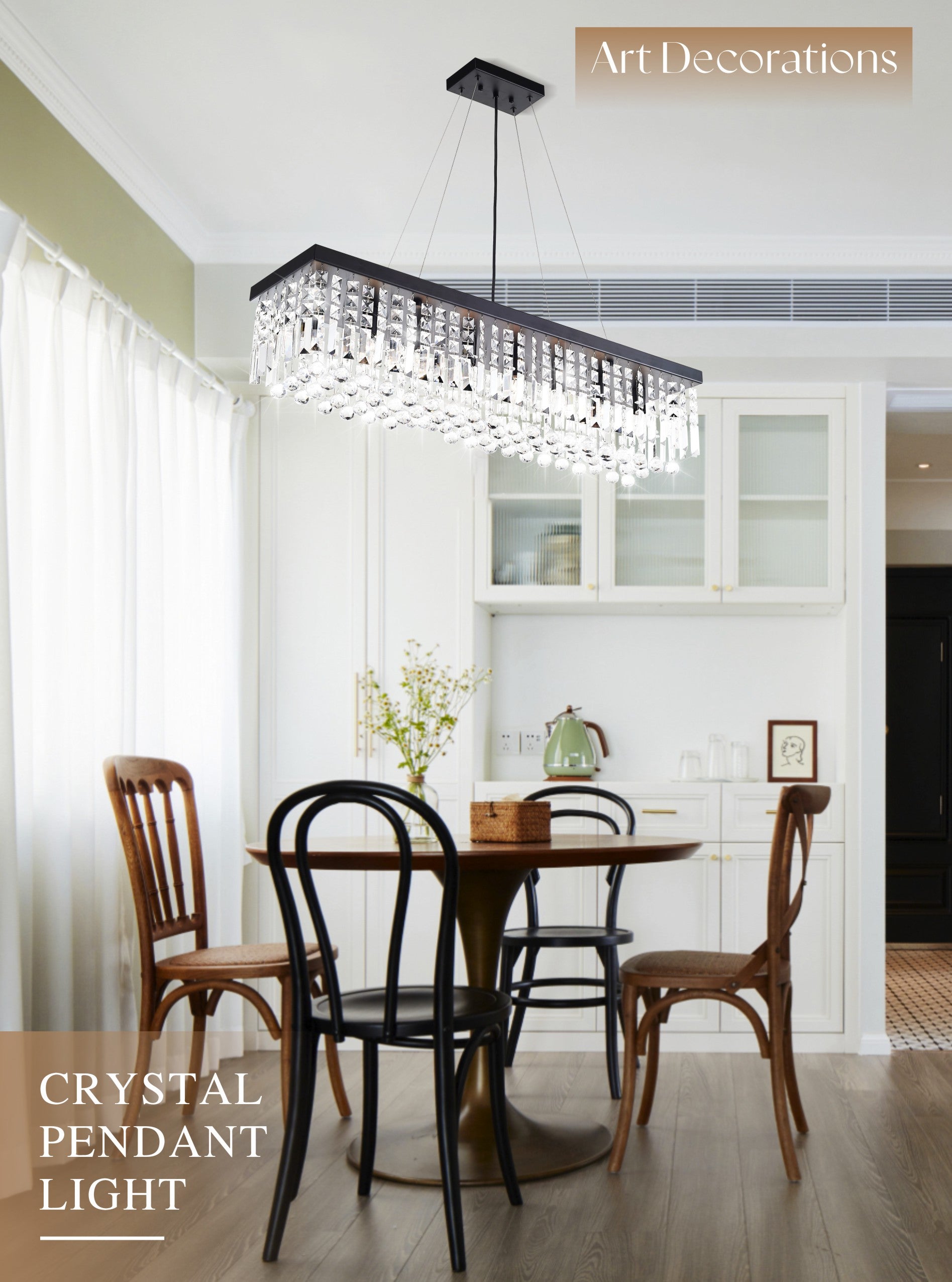 Modern Rectangle K9 Crystal Chandelier, Matte Black Iron E12 Bulb 8 Light Pendant Light For Dining Room Kitchen Room Matte Black Ceiling Lights 3100K 4200K Neutral White 1000Lm 5000Lm Modern Kitchen