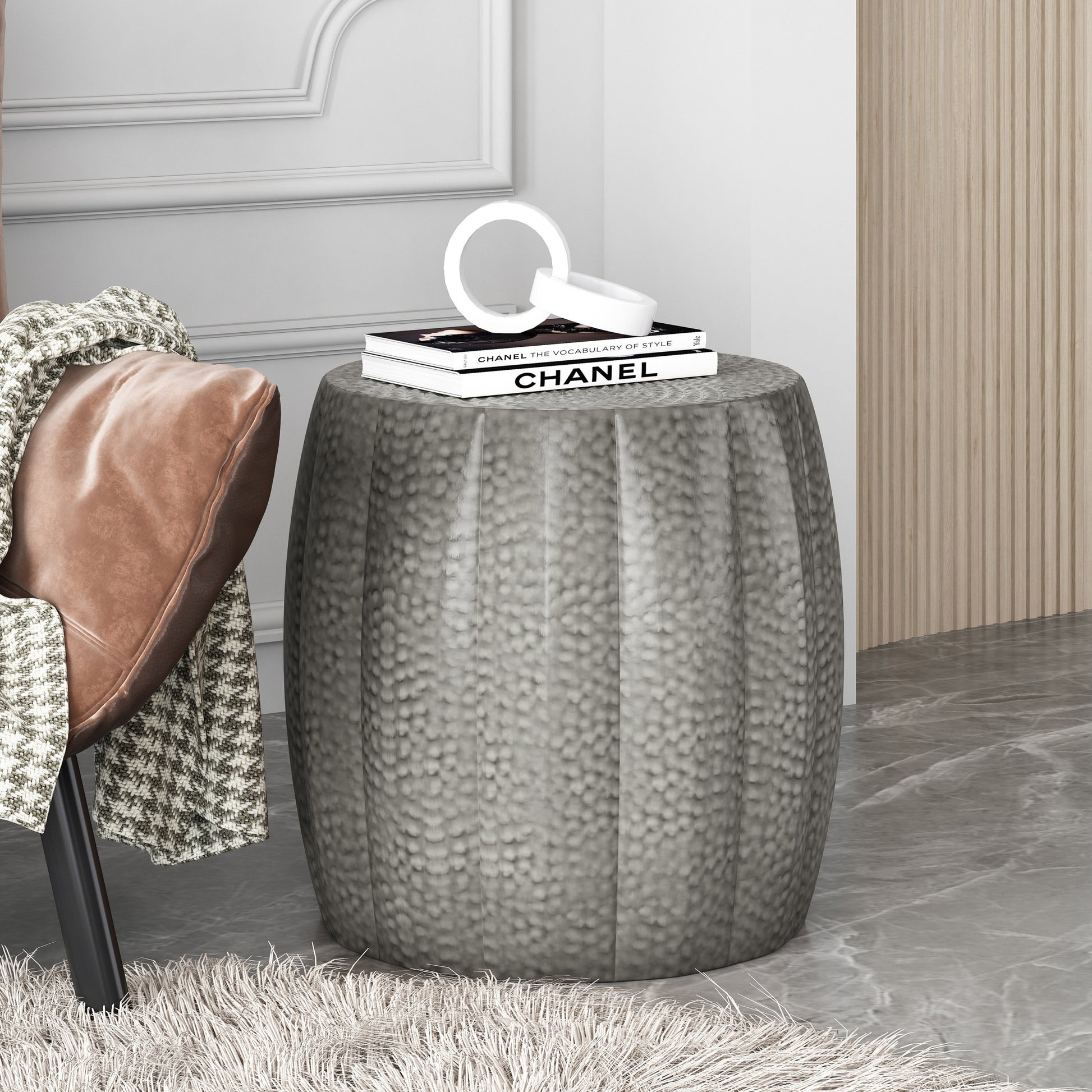 Metal Drum End Table Antique Silver Primary Living Space Contemporary Coffee & End Tables Iron