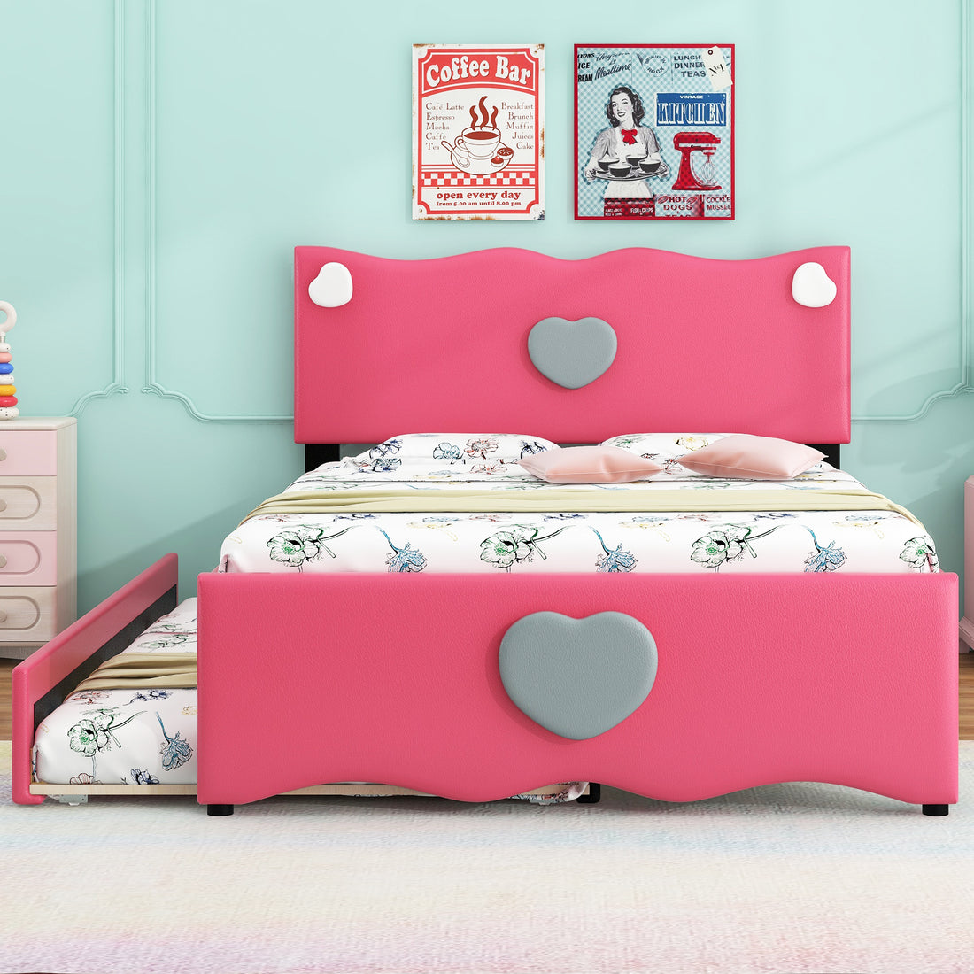 Full Size Upholstered Platform Bed With Trundle And Heart Shaped Decoration, Dark Pink Box Spring Not Required Full Dark Pink Wood Bedroom Bed Frame Faux Leather Upholstered