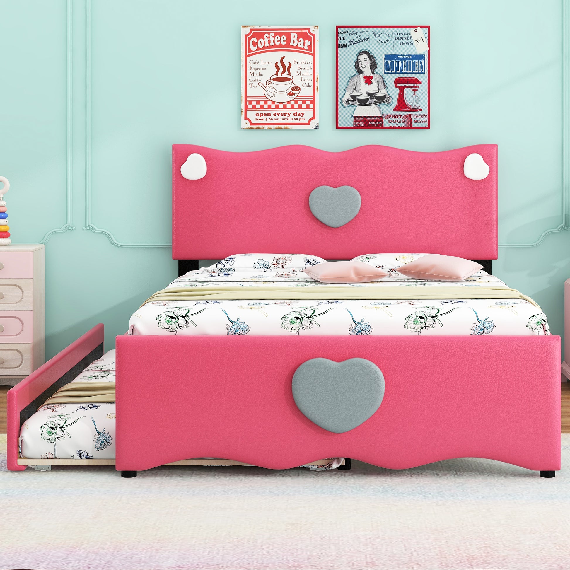 Full Size Upholstered Platform Bed With Trundle And Heart Shaped Decoration, Dark Pink Box Spring Not Required Full Dark Pink Wood Bedroom Bed Frame Faux Leather Upholstered