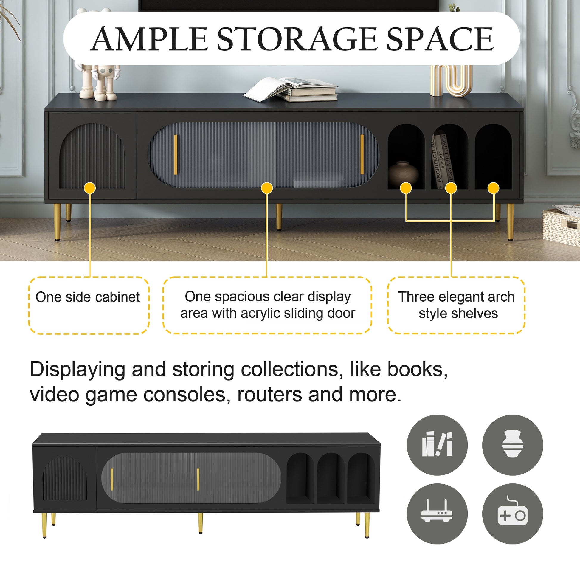 Modern Tv Stand For Up To 70 Inch Tv, Entertainment Center Tv Media Console Table, With 3 Shelves And 2 Cabinets, Tv Console Cabinet Furniture For Living Room Old Sku: Wf314645Aab Black 60 69 Inches Mdf