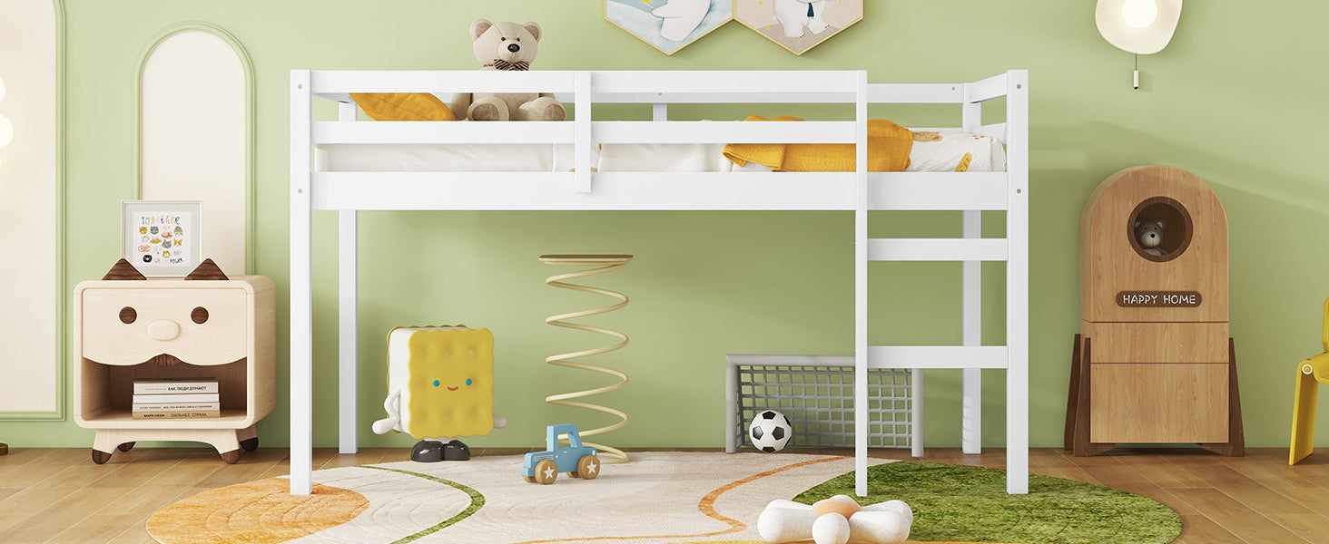 Solid Wooden, Rubber Wooden Twin Loft Bed With Ladder, Bed Platform Of Strengthened Slatswhite Twin White Rubber Wood