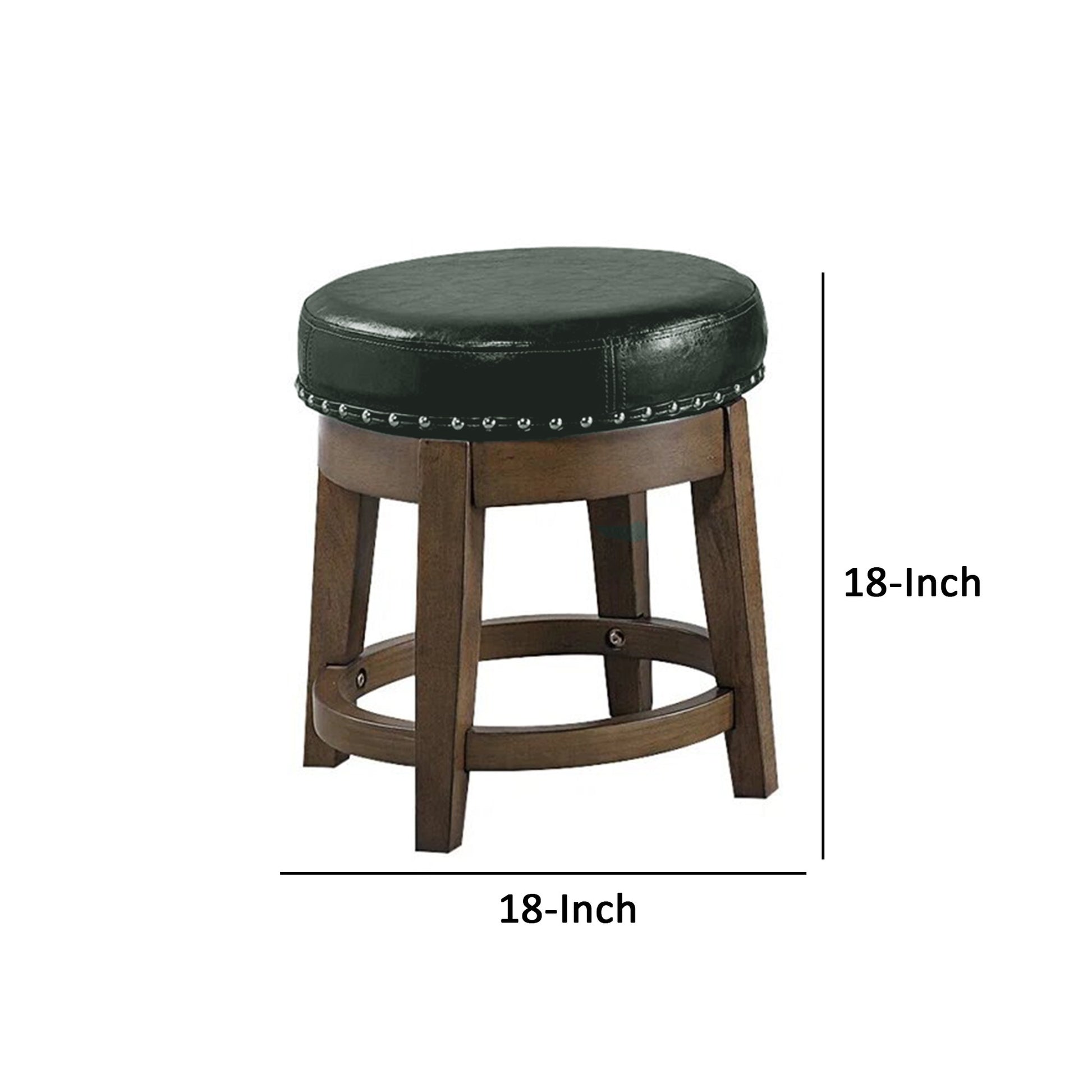 Drue 18 Inch Set Of 2 Swivel Stools, Trim, Green Faux Leather Dark Green Solid Wood