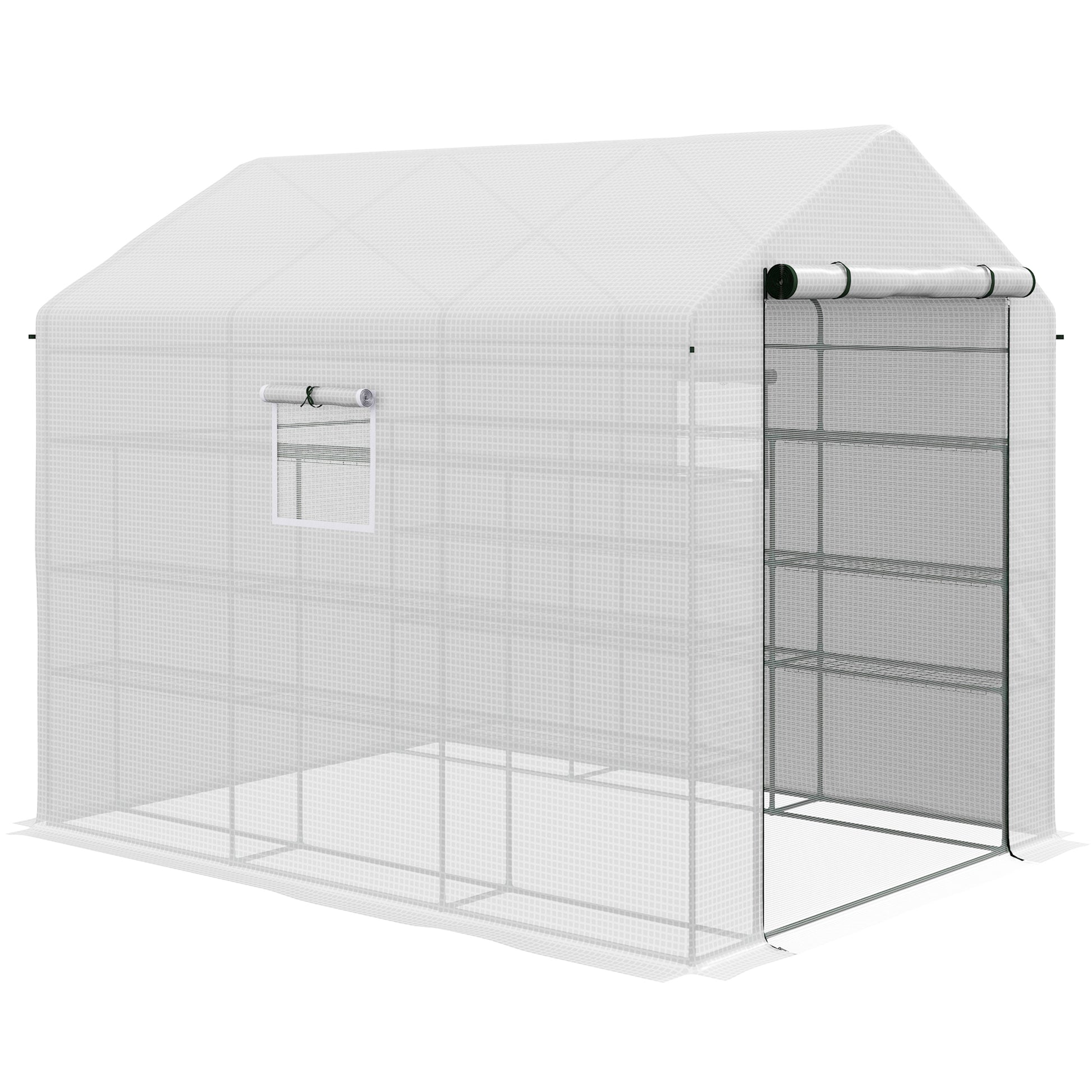 Outsunny 8' X 6' X 7' Walk In Greenhouse With Mesh Door And Windows, 18 Shelf Green House With Trellis, Plant Labels, Uv Protective For Growing Flowers, Herbs, Vegetables, Saplings, White White Steel