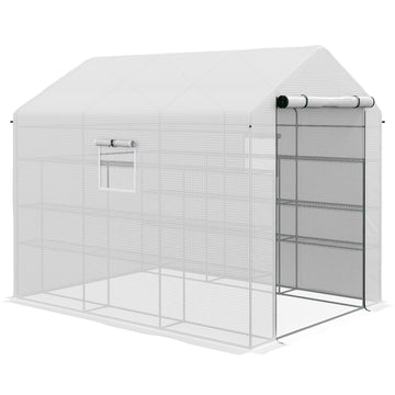 Outsunny 8' X 6' X 7' Walk In Greenhouse With Mesh Door And Windows, 18 Shelf Green House With Trellis, Plant Labels, Uv Protective For Growing Flowers, Herbs, Vegetables, Saplings, White White Steel