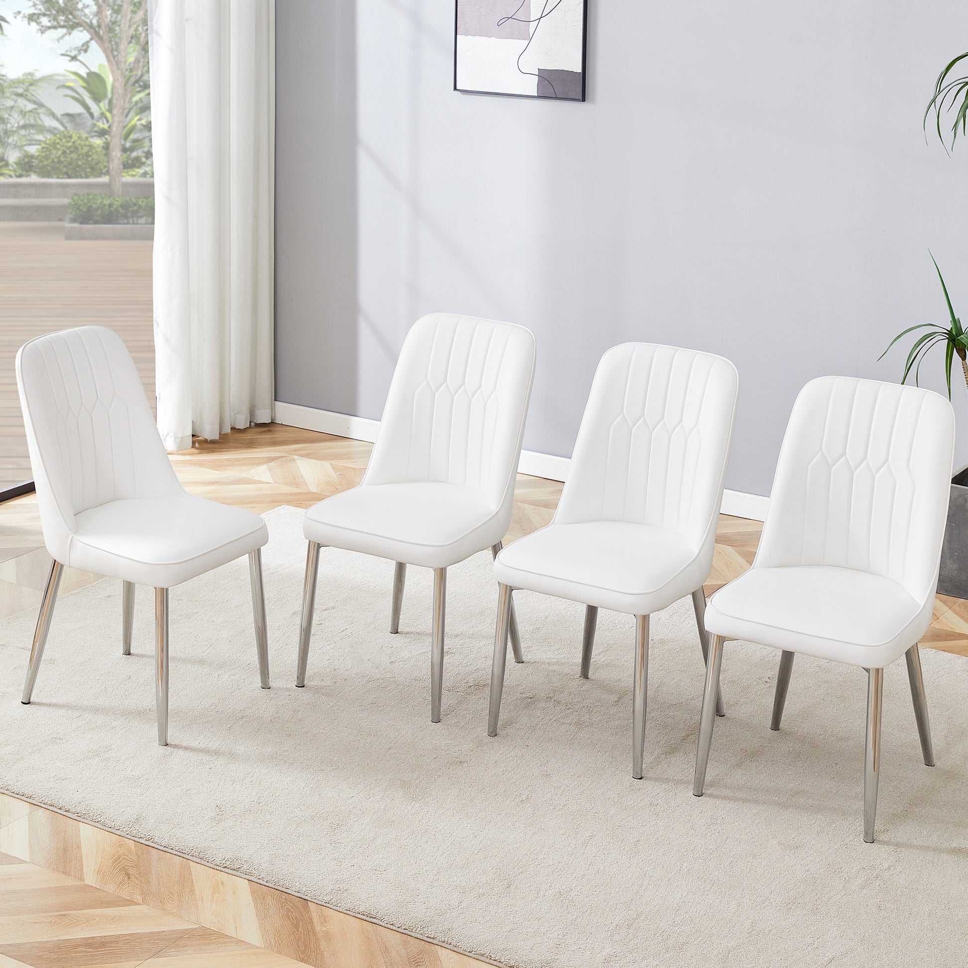 4 Modern Dining Chairs, Smooth Pu Leather Backrest And Silver Toned Metal Legs For A Comfortable Home Experience For Kitchens, Bedrooms And Offices. White Pu