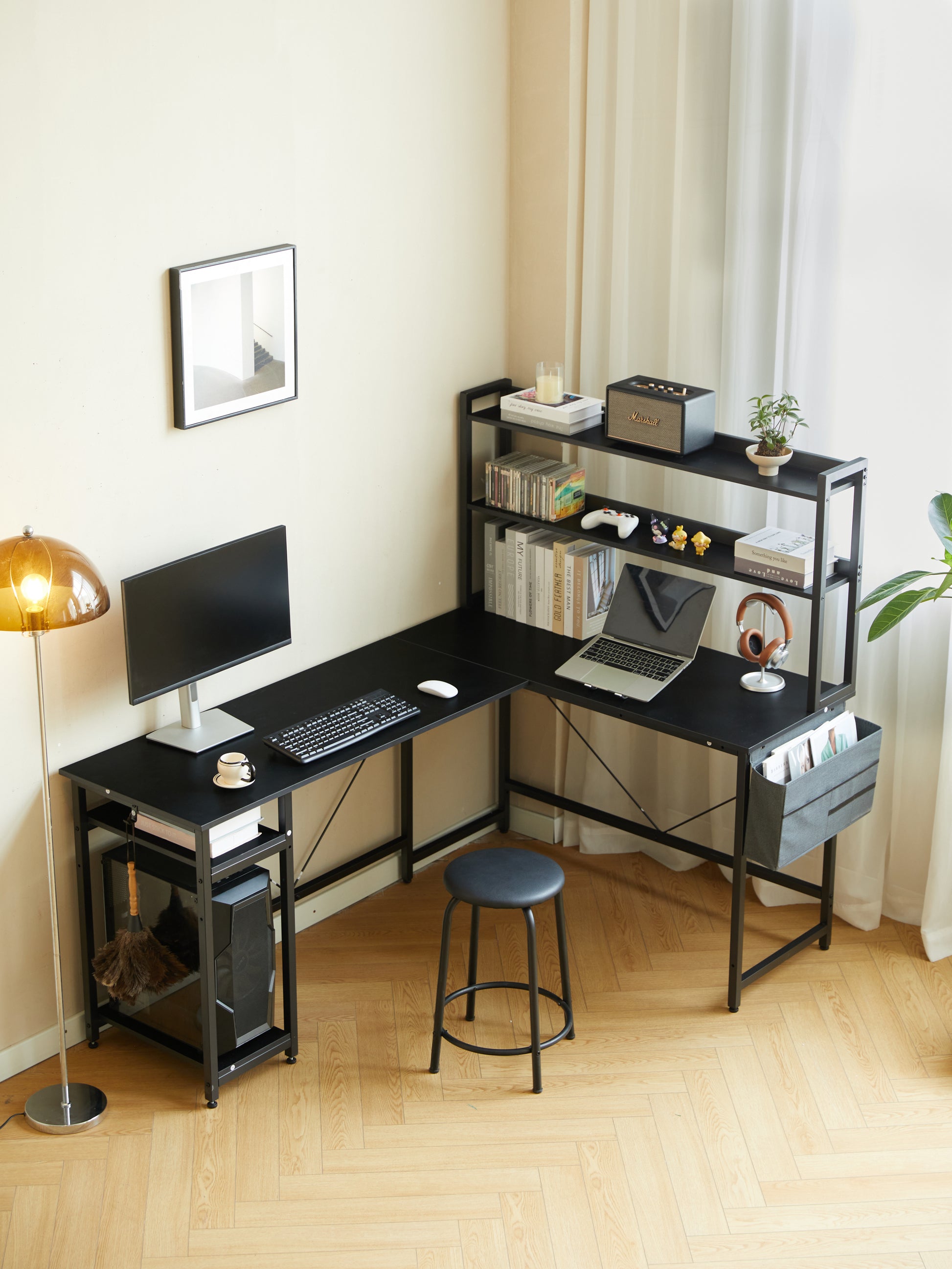 94.5 Inch Home Office Desk L Shape Gaming Desk With Storage Shelves And Stool Black Black Mdf Iron