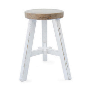 17 Inch Accent Stool, Round Brown Seat, Hand Painted White Tripod Legs Brown White Wood