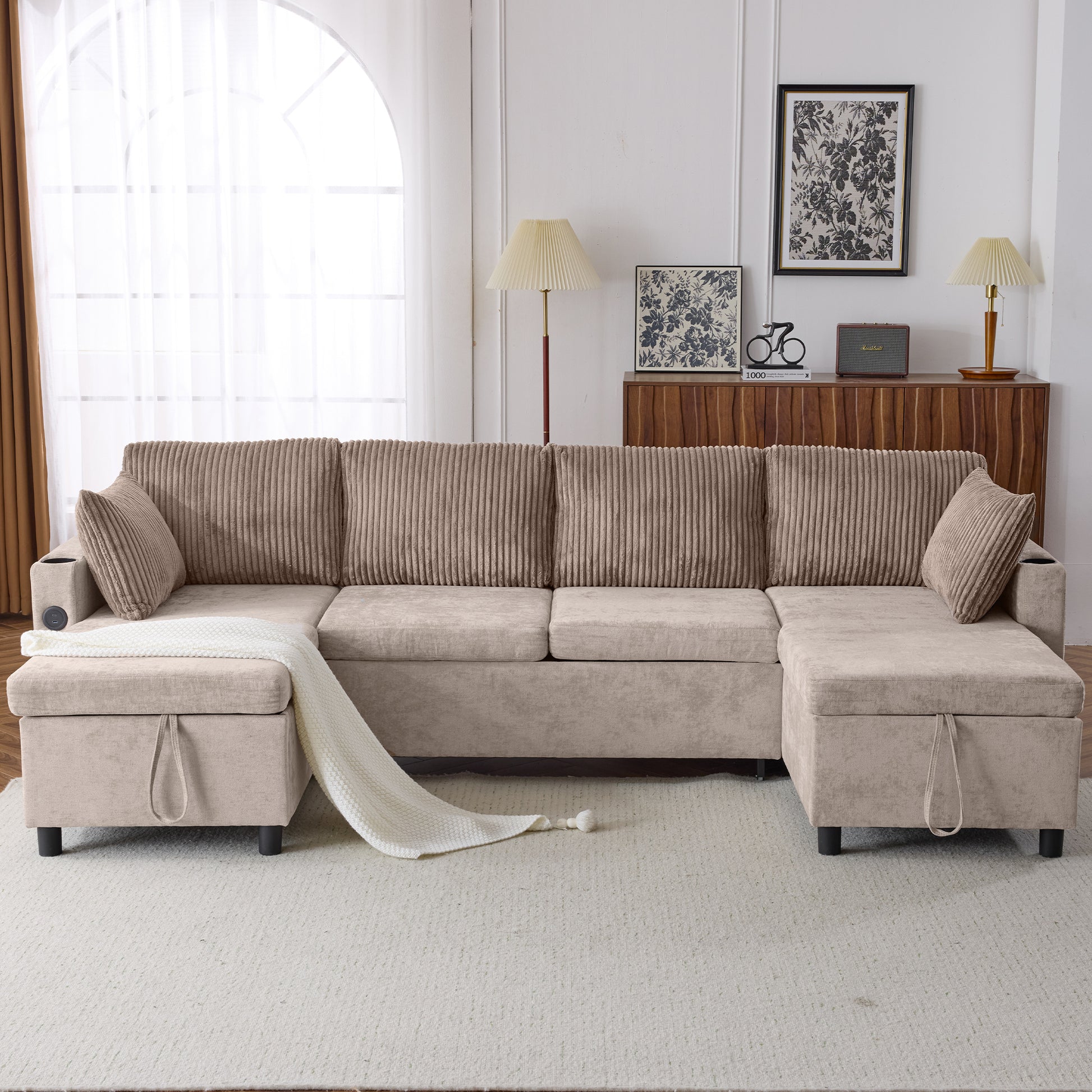 111.8" Sectional Sofa Pull Out Sofa Bed Versatile Sofa Sleeper With Large Storage Space, Two Usb Ports And Two Cup Holders For Living Room, Brown Brown Foam Chenille 4 Seat