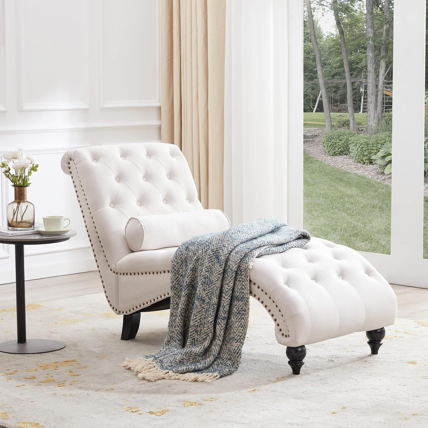 Upholstered Chaise Lounge With Solid Wood Legs, Support Pillow For Bedroom, Living Room, Office Beige Wood Fabric