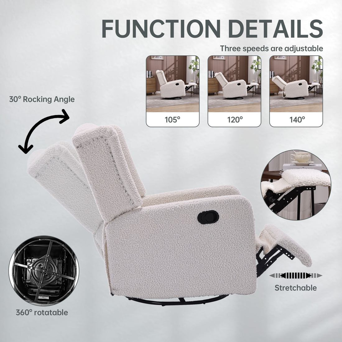 Coolmore Rocking Recliner Chair,360 Degree Swivel Nursery Rocking Chair,Glider Chair,Modern Small Rocking Swivel Recliner Chair For Bedroom,Living Room Chair Home Theater Seat White Teddy White Teddy Teddy