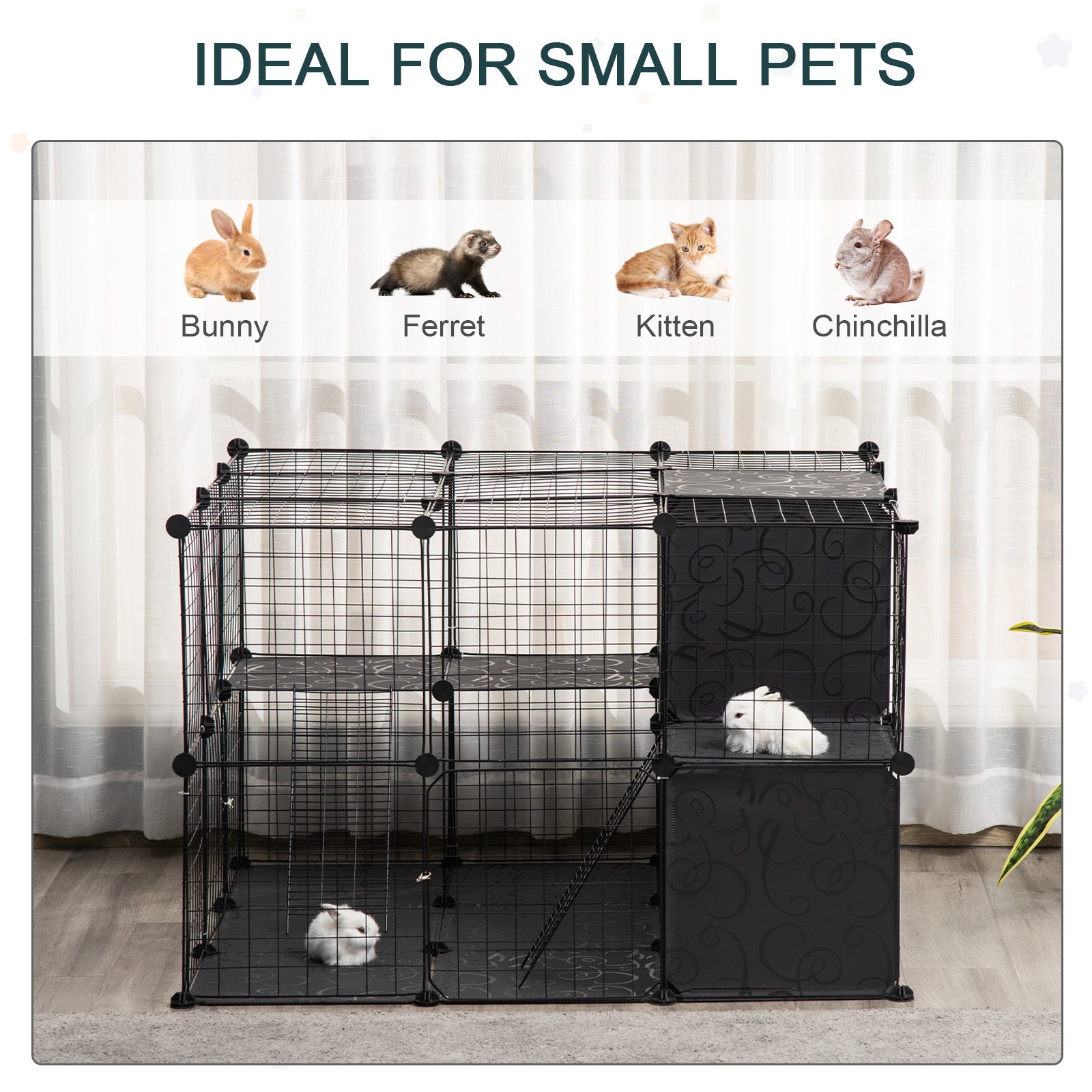 Pawhut Pet Playpen Small Animal Cage 56 Panels With Doors, Ramps And Storage Shelf For Rabbit, Kitten, Chinchillas, Guinea Pig And Ferret Black Metal