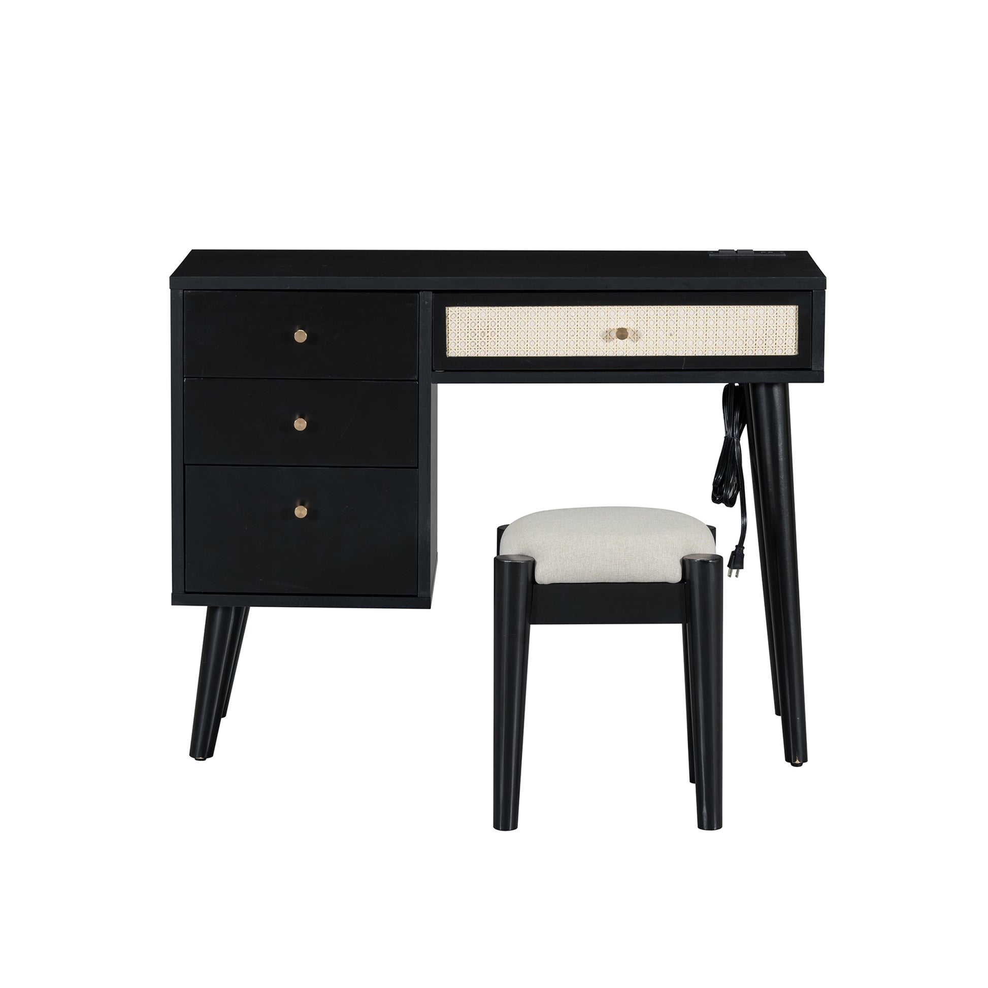 3 Pieces Bedroom Set With Queen Size Wooden Bed Frame, 1 Vintage Nightstand And 1 Makeup Vanity Set With Stool,Black Expected Arrival Time: 08.23 Queen Black 3 Piece Set Wood