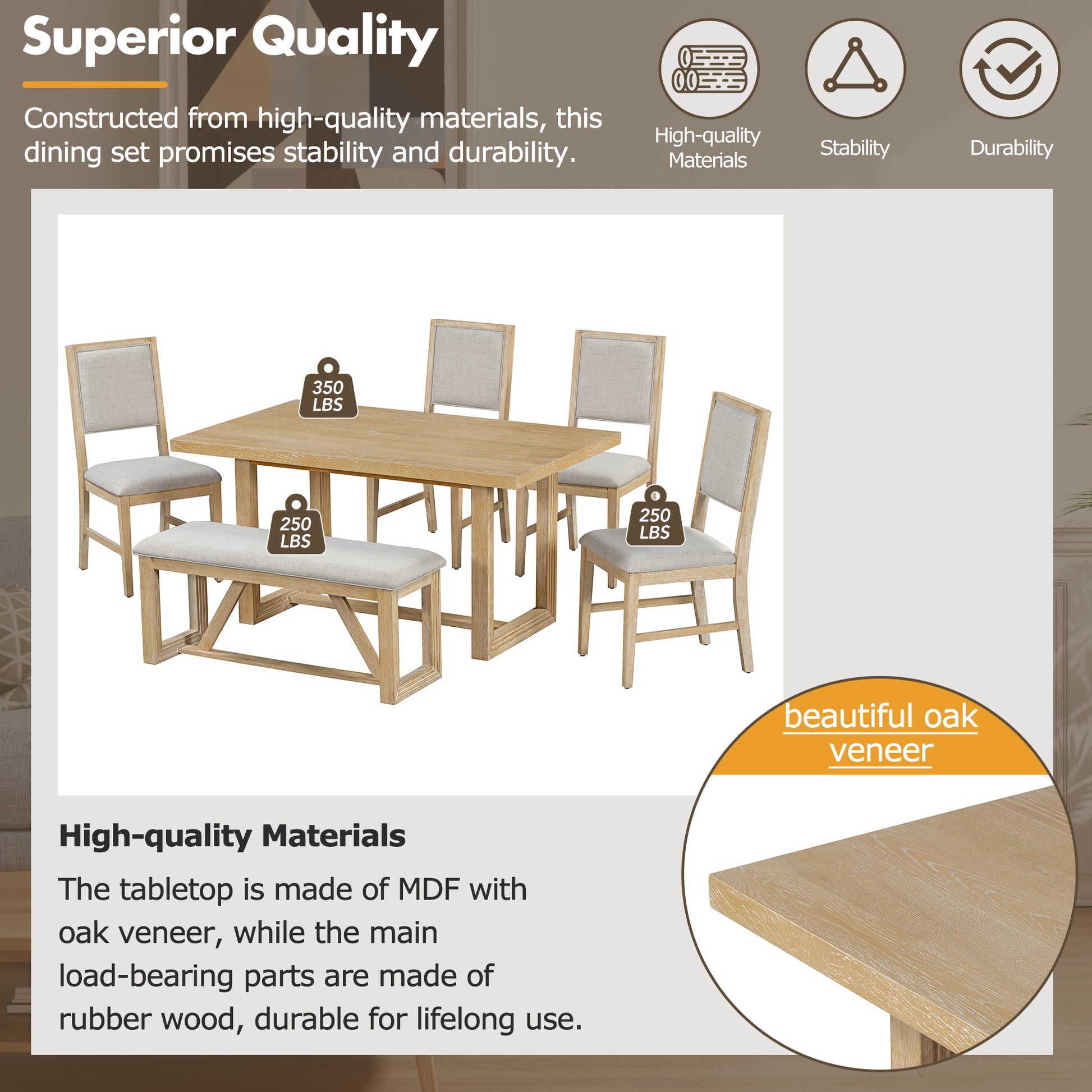 6 Piece Retro Dining Set, 1 Rectangular Table With Designed Trestle Base And 4 Upholstered Chairs And 1 Bench For Dining Room And Kitchen Natural Natural Solid Wood Mdf