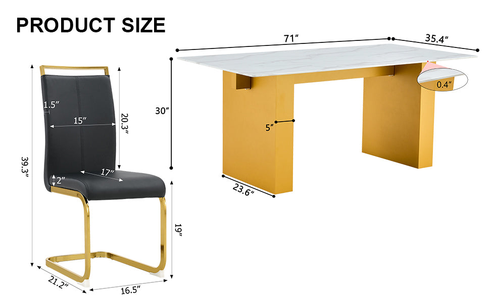 Table And Chair Set.Large Modern Rectangular Table With 0.4 Inch Patterned Glass Tabletop And Large Mdf Table Legs.Comes With 8 Chairs With Faux Leather Cushioned Seats And Golden Metal Legs. Gold White Seats 8 Mdf Glass